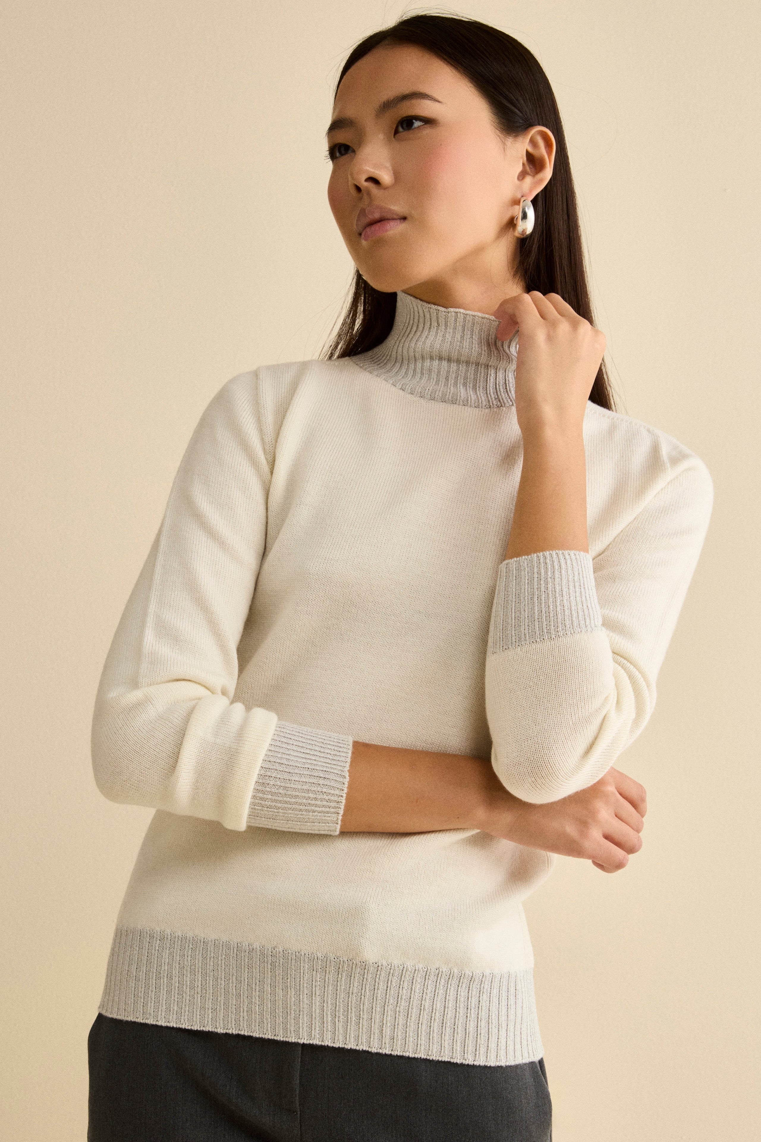 Merino Wool Mock Neck with Lurex Edges - ECRU