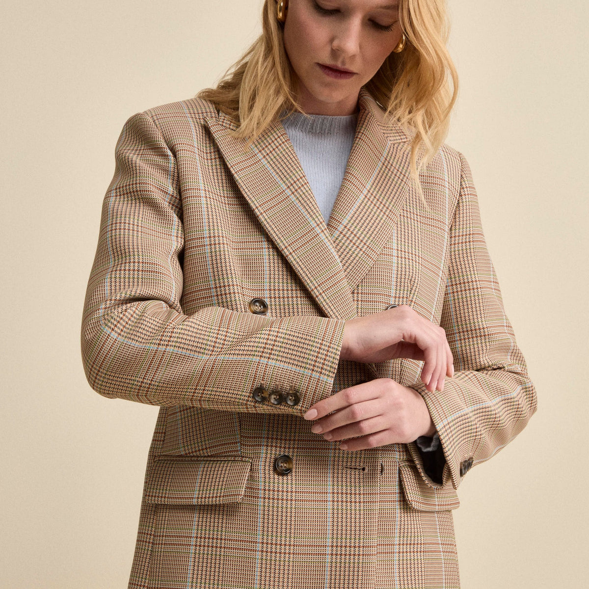 Double-Breasted Checked Jacket in Cotton Blend - Camel Check