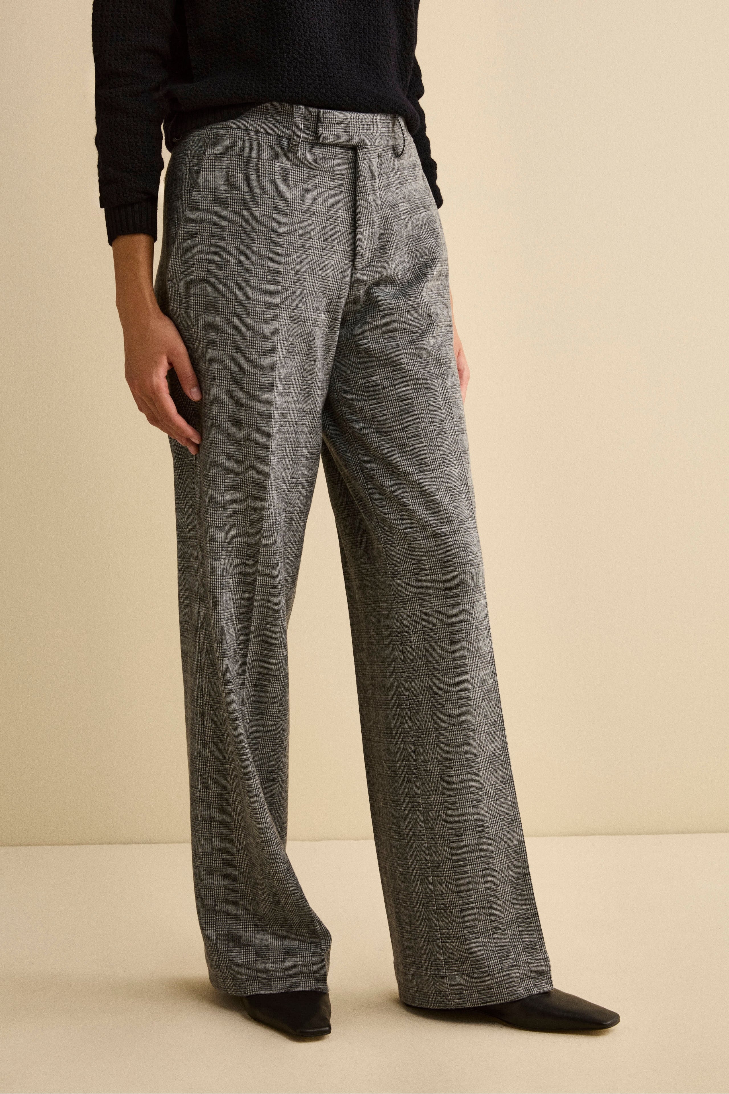 Checked Palazzo Trousers with Pleats - Grey check