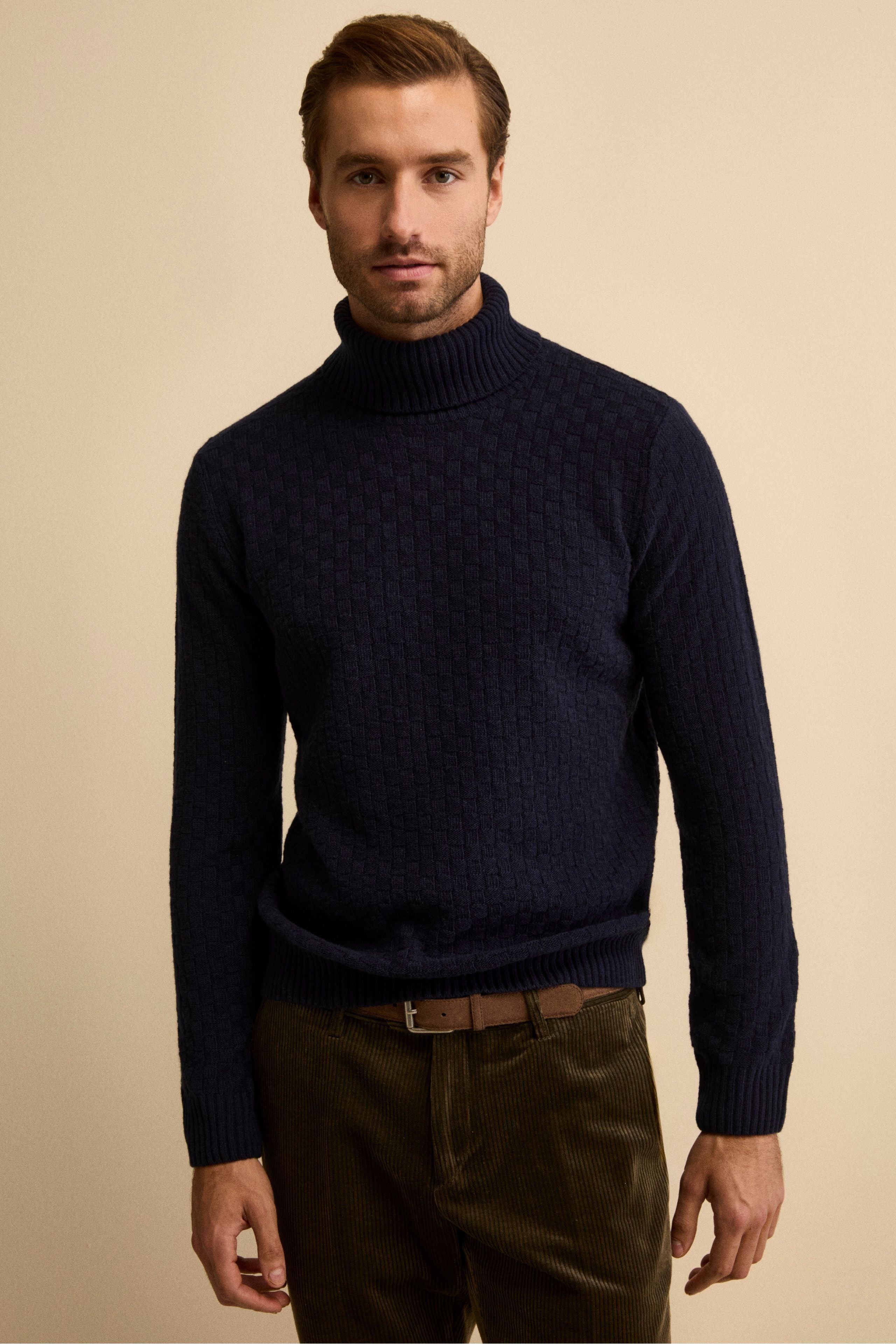 Cable-Knit Turtleneck in Virgin Wool - BLUE