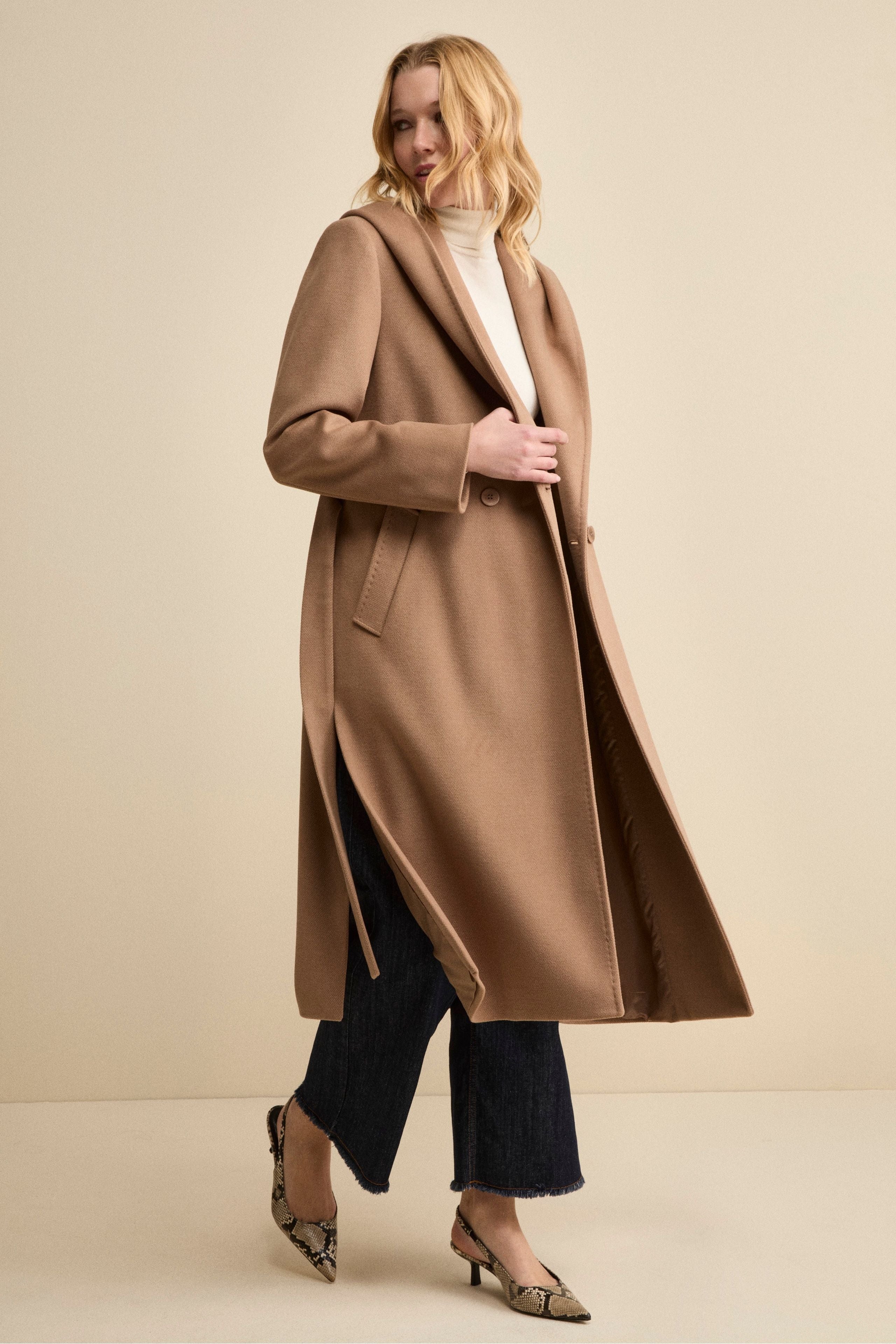 Long Belted Coat with Hood - Camel