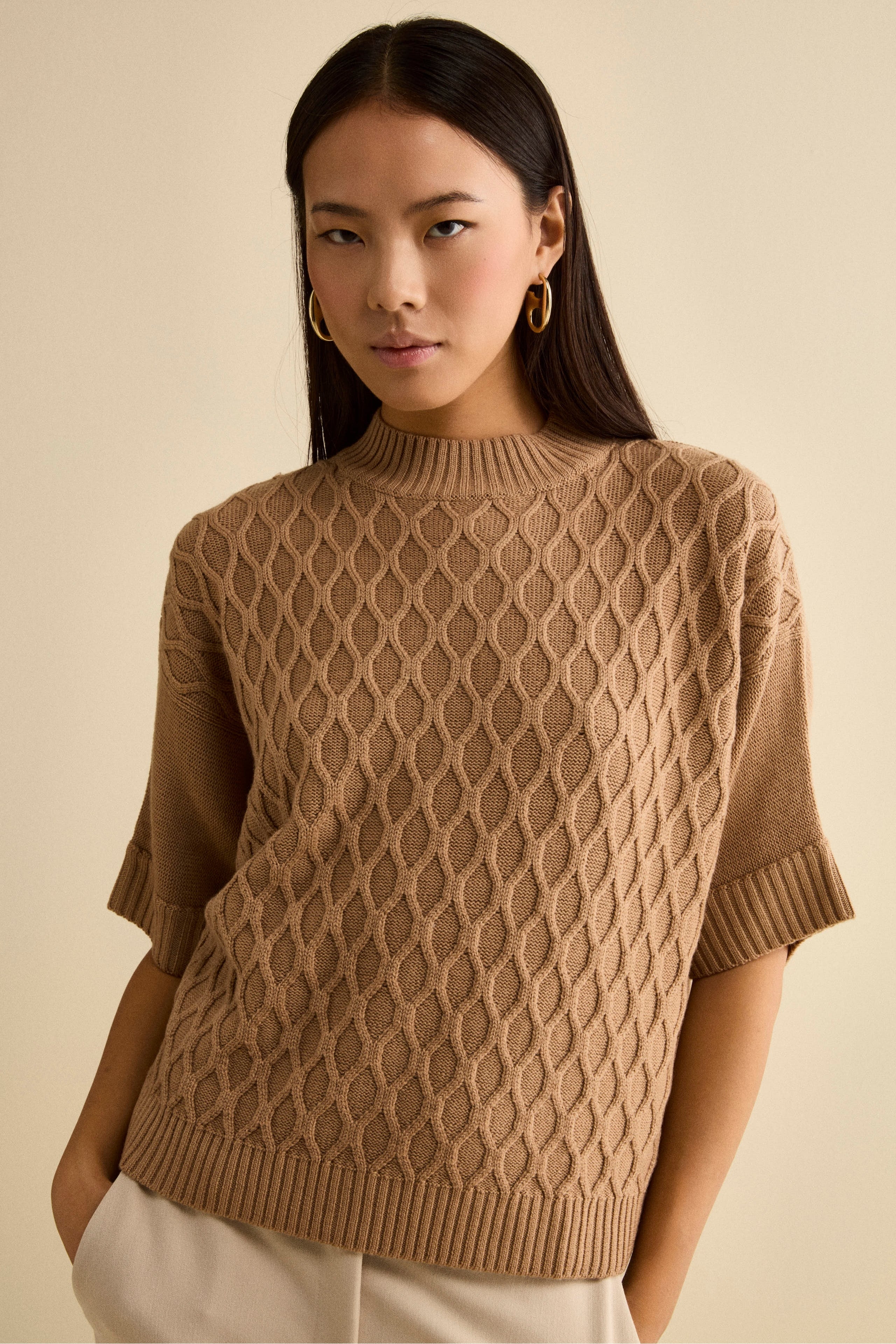 Short-Sleeve Crewneck in Merino Wool - Camel