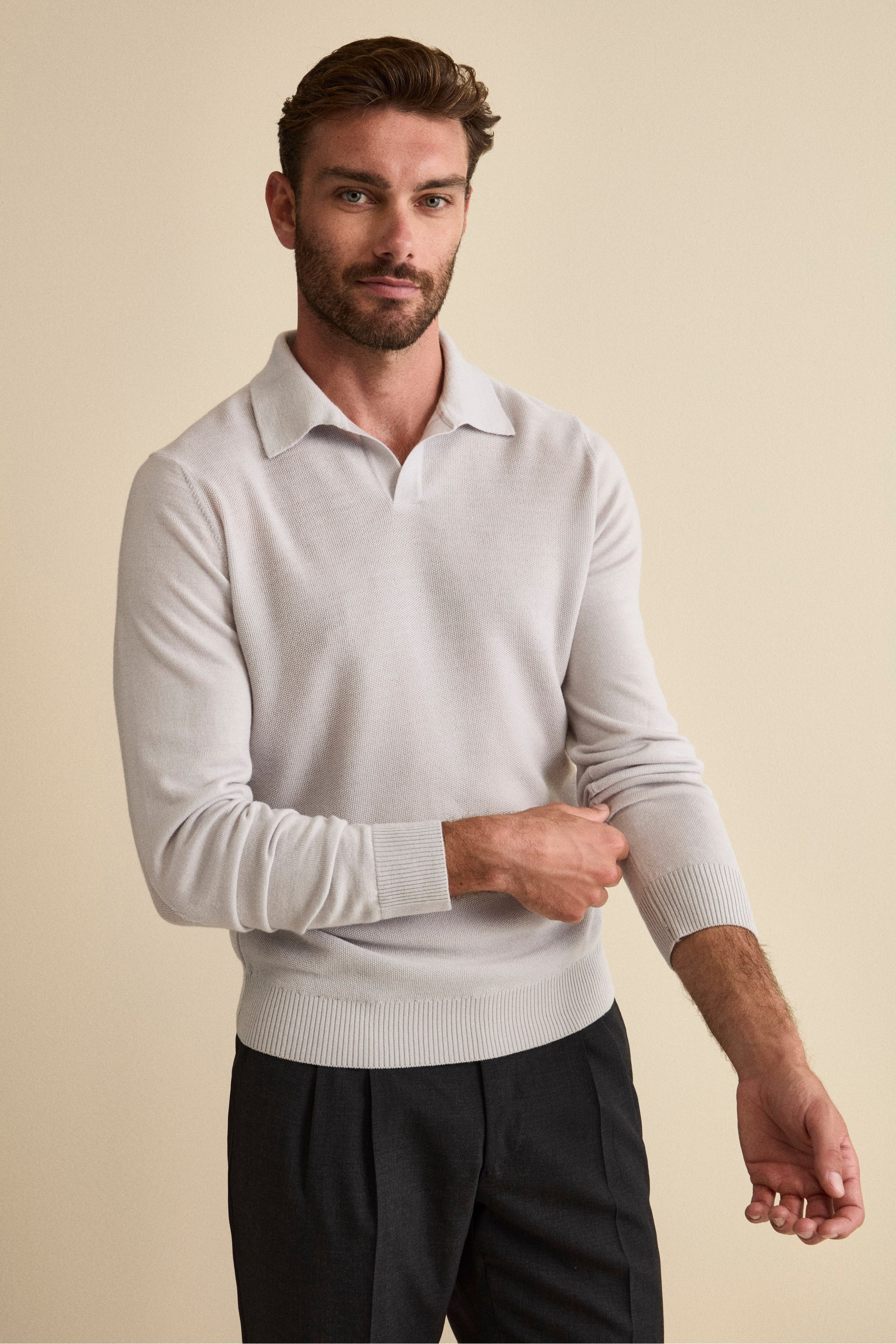 Derby Polo in Merino Wool with Elbow Patches - PEARL