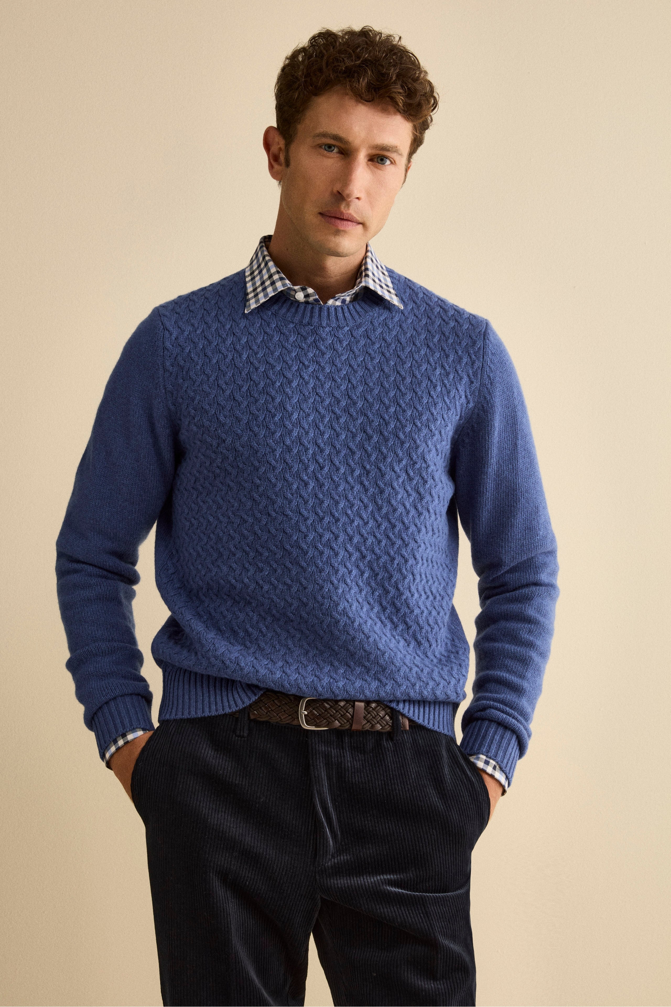 Cable-Knit Crewneck Sweater in Wool - Air force blue