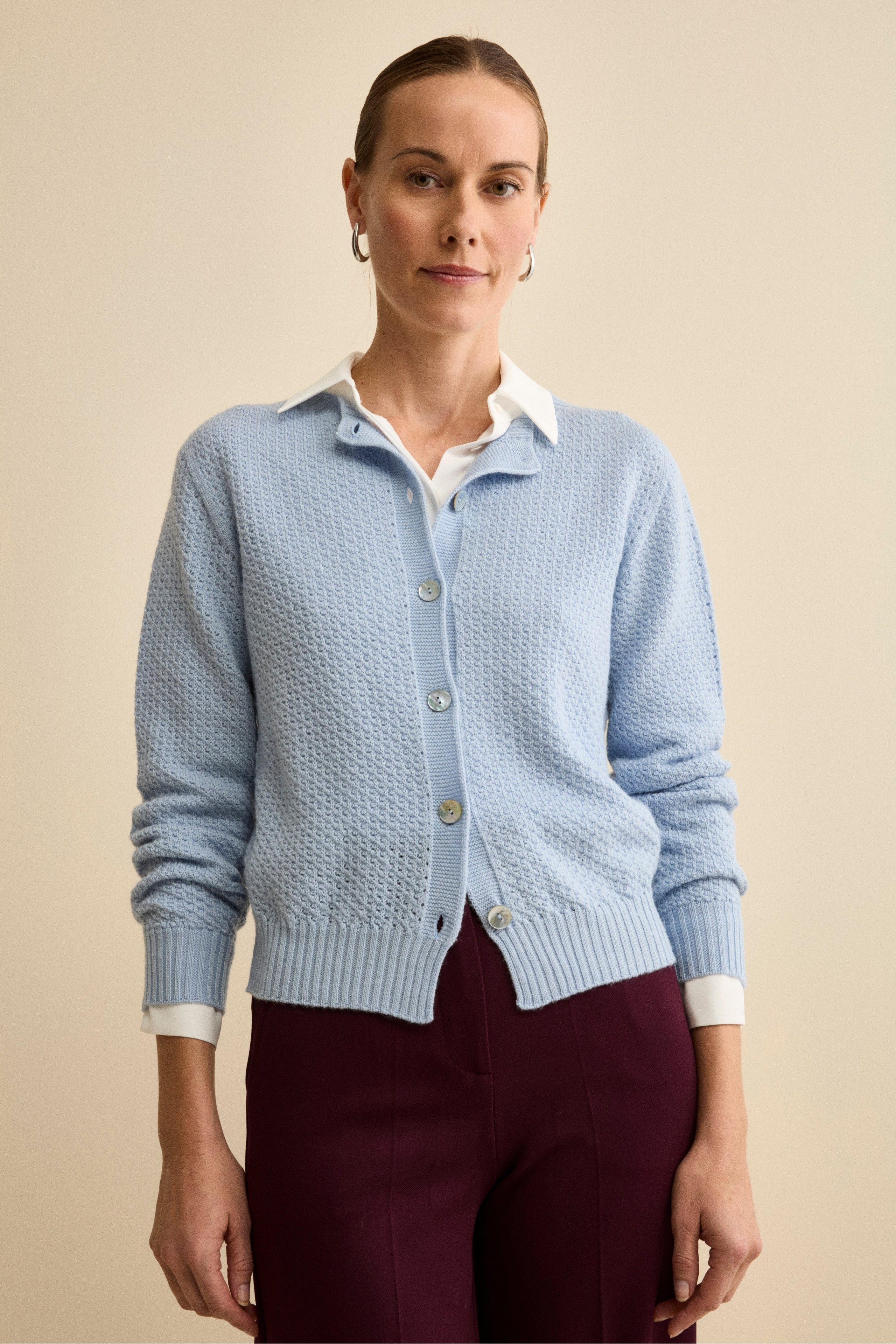 Openwork Merino Wool Cardigan with Mandarin Collar - Light blue
