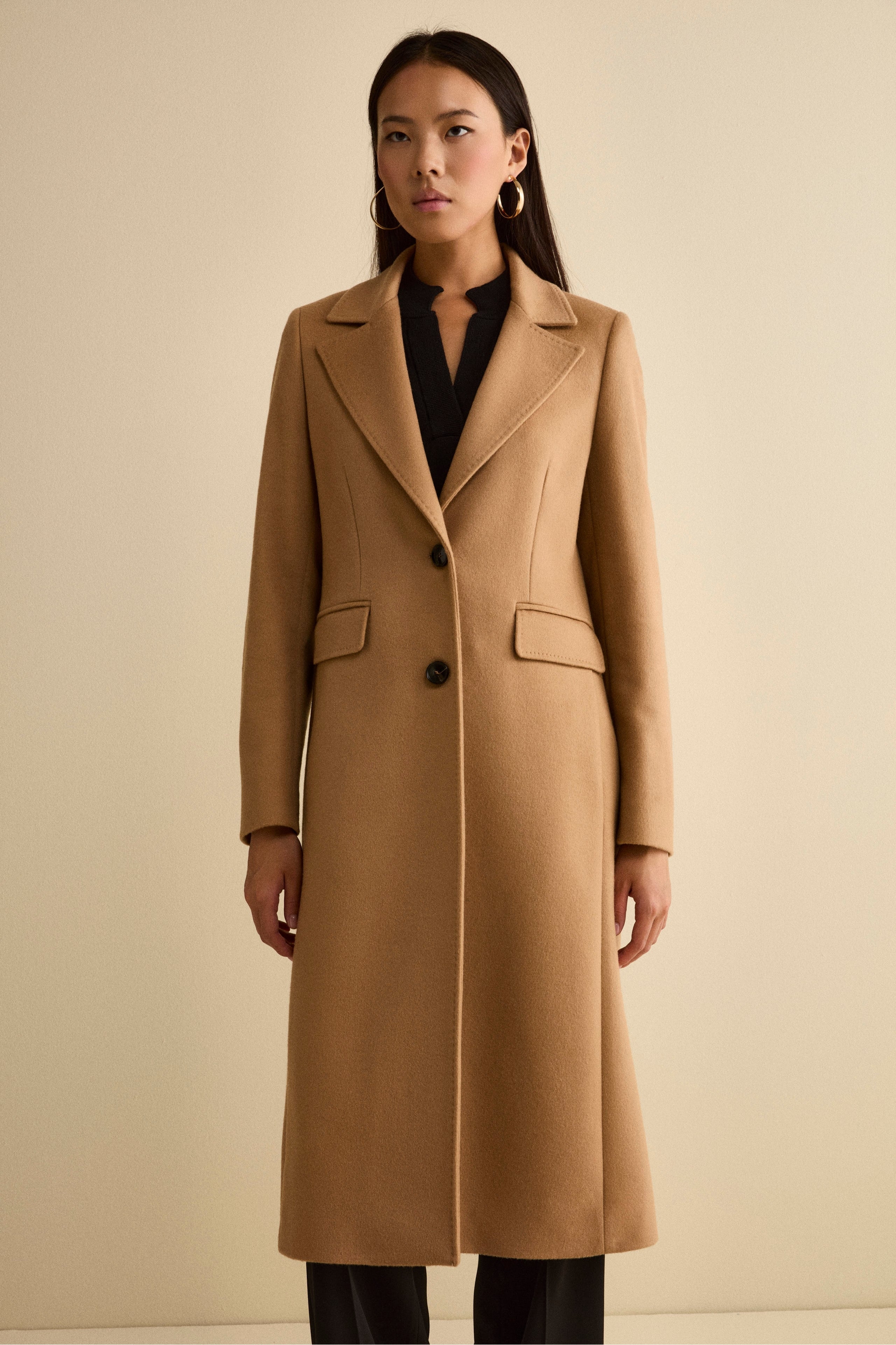 Long Single-Breasted Coat in Virgin Wool - Camel
