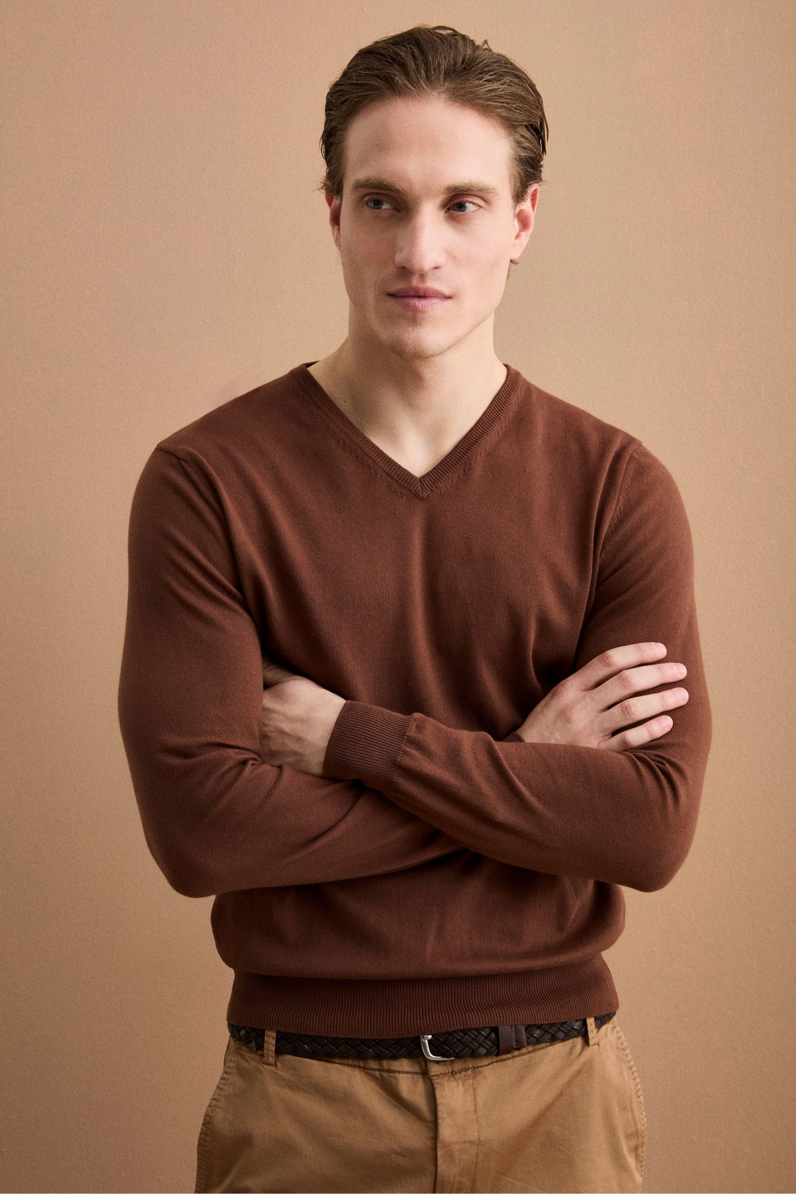 Herren Regular-Fit V-Ausschnitt Pullover aus Baumwolle - braun