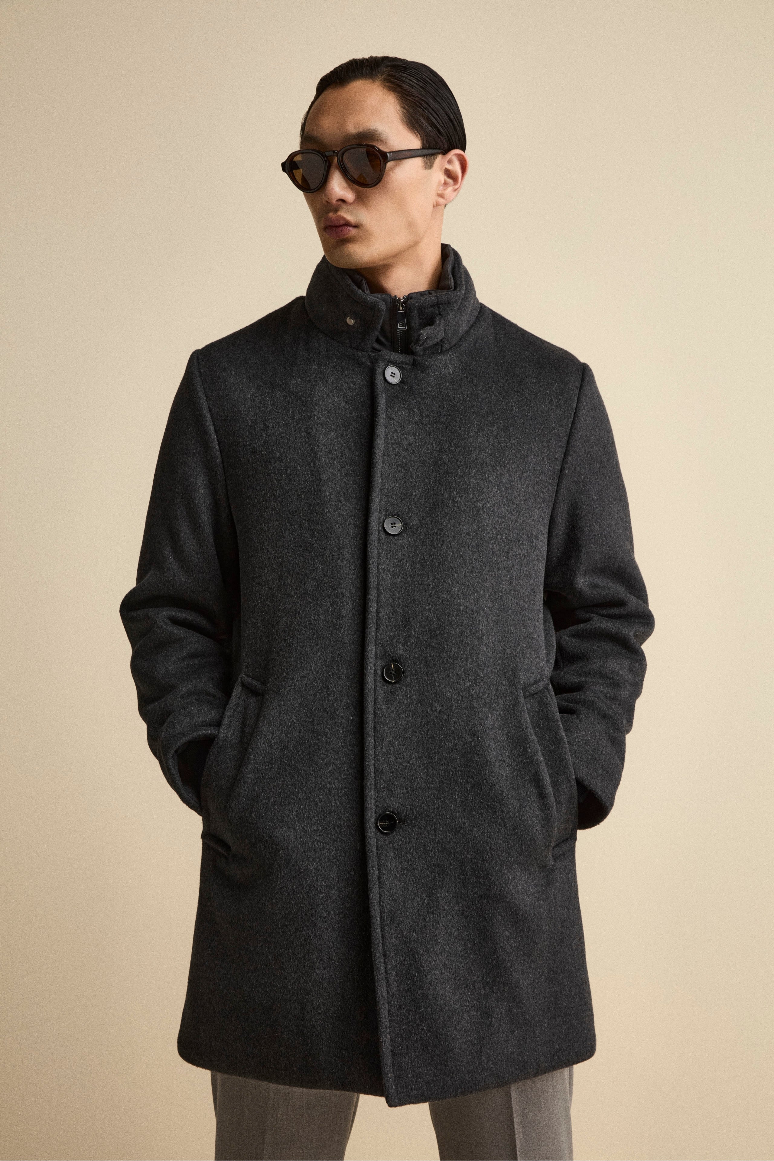 Midi Coat in Wool Blend with Removable Zip-Out Bib - Charcoal grey