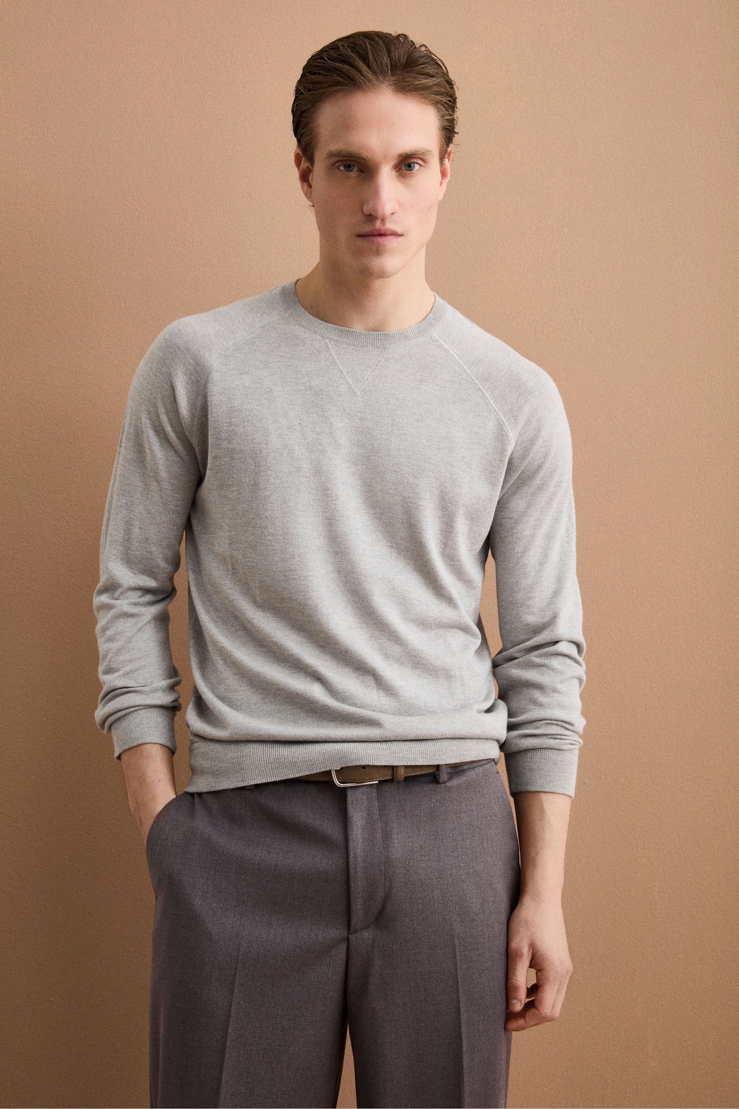 Rundhals-Sweatshirt aus Seide und Kaschmir - Hellgrau