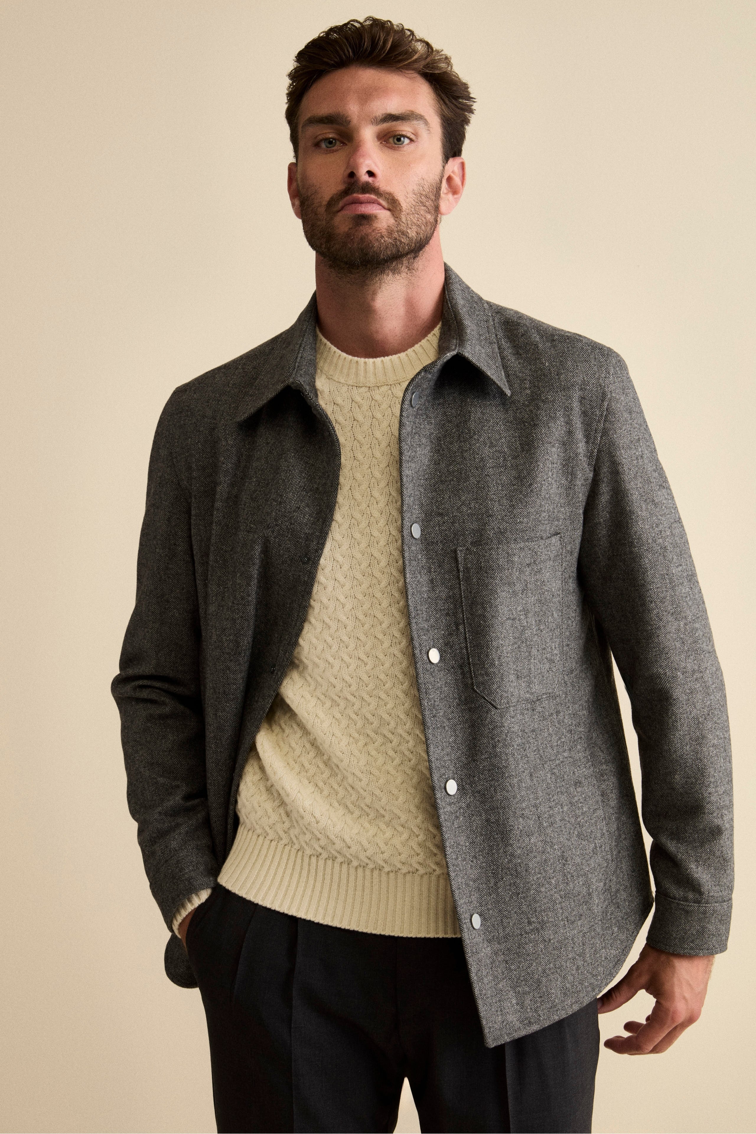 Overshirt Jacket in Wool Blend - grey herringbone