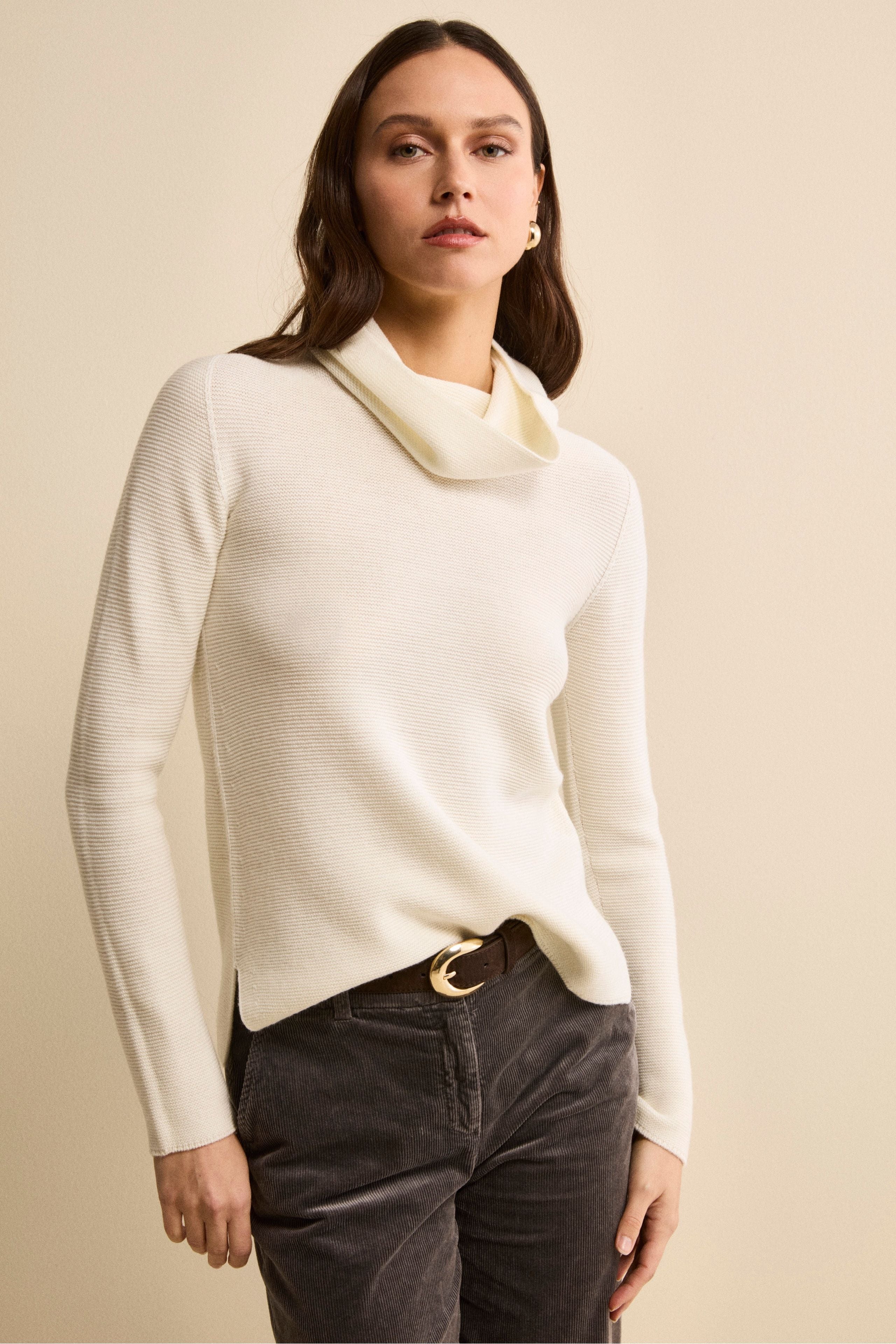 Sweater with Side Slits in Merino Wool - ECRU