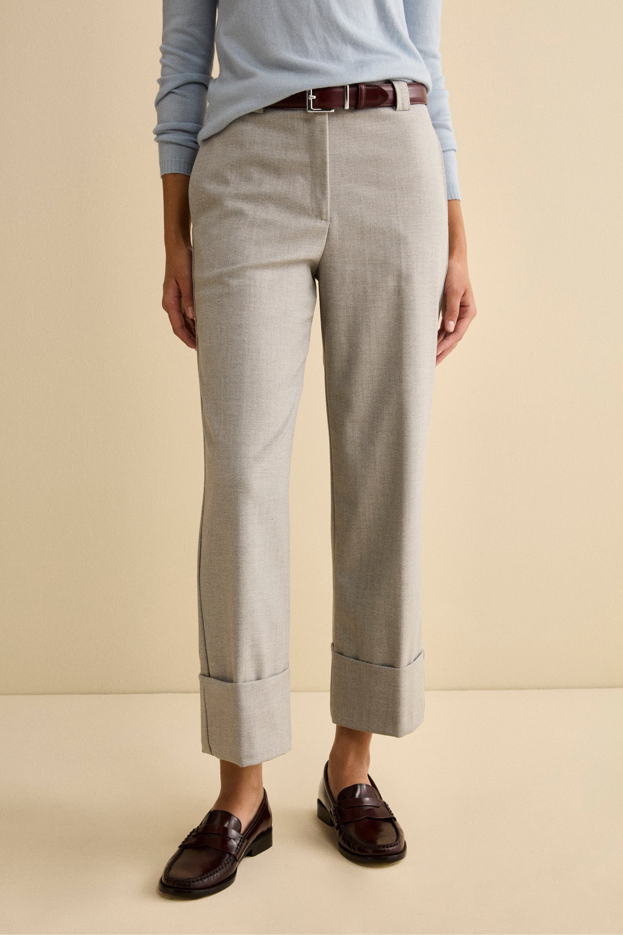 Wide-Leg Herringbone Trousers with Cuff - Grey herringbone