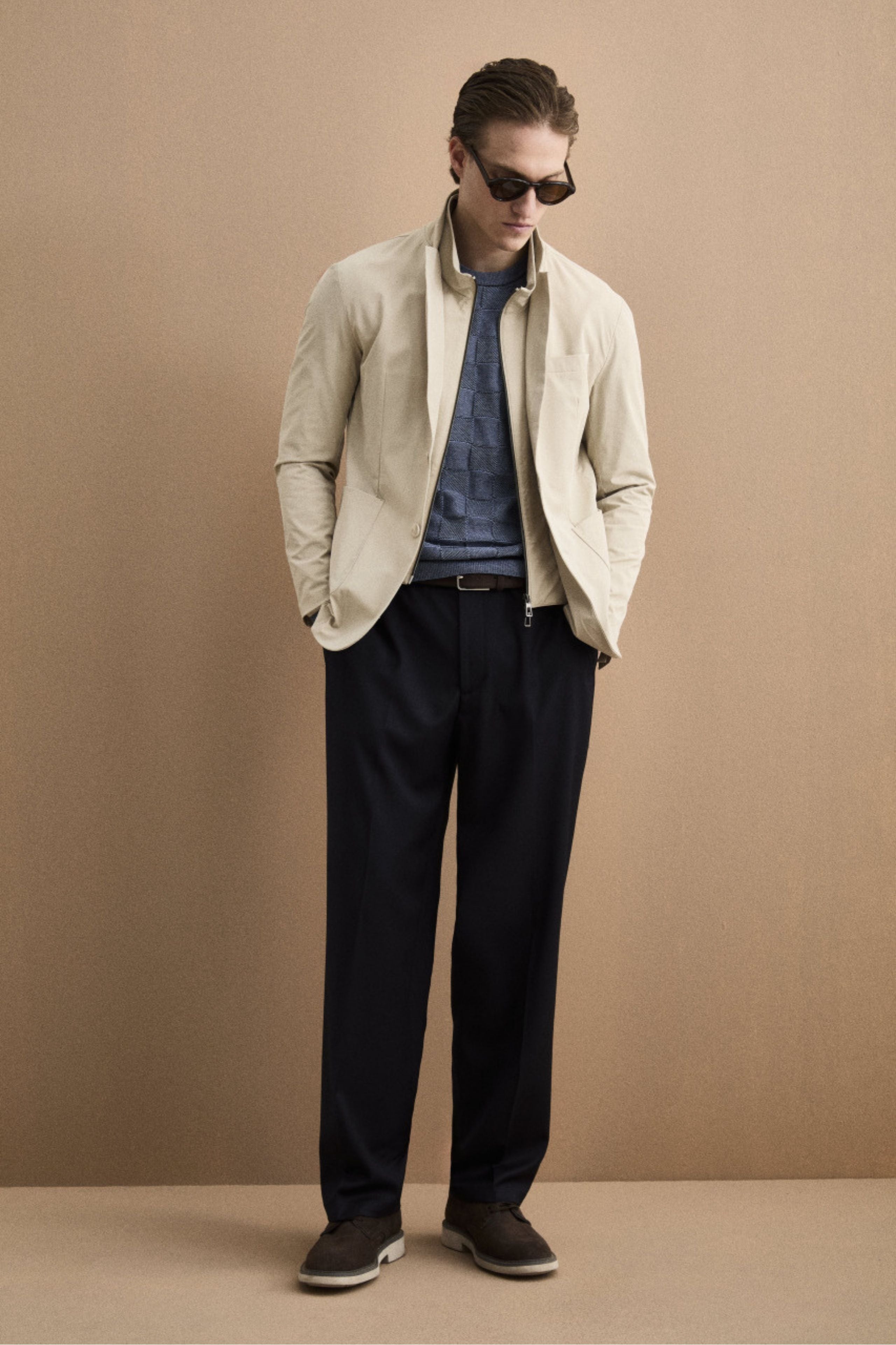 Pantalone Gamba Larga in Misto Lana con Piega - BLU SCURO