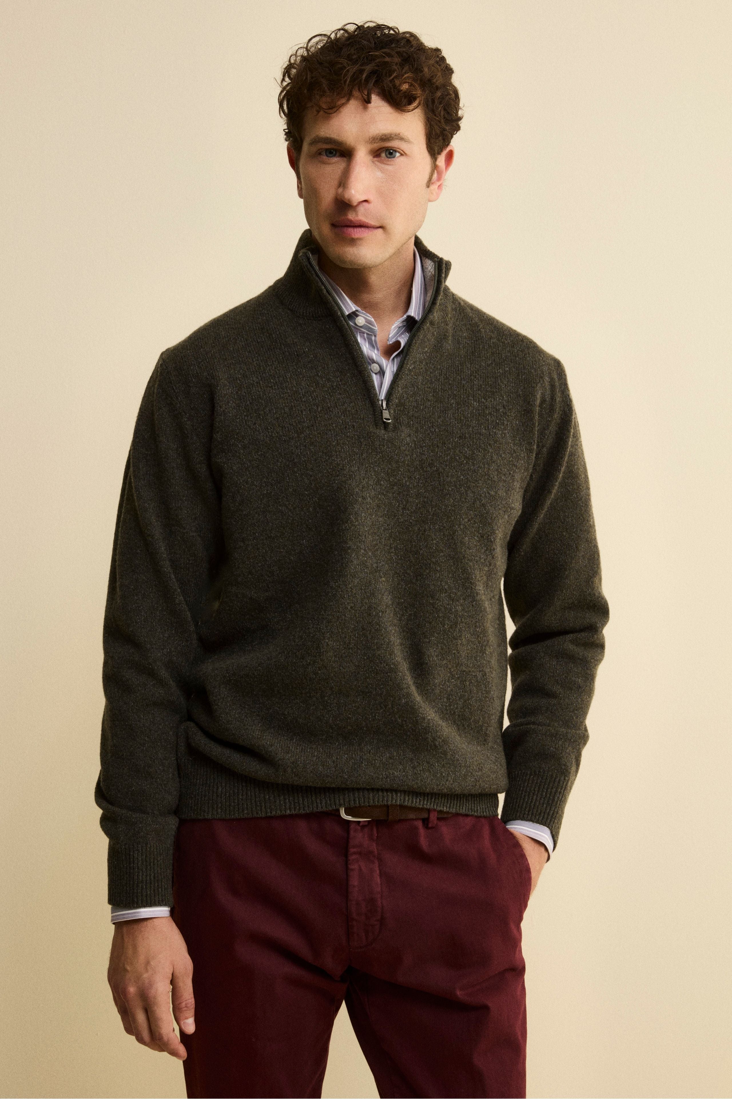 Zip Mock Neck in Wool Blend - GREEN