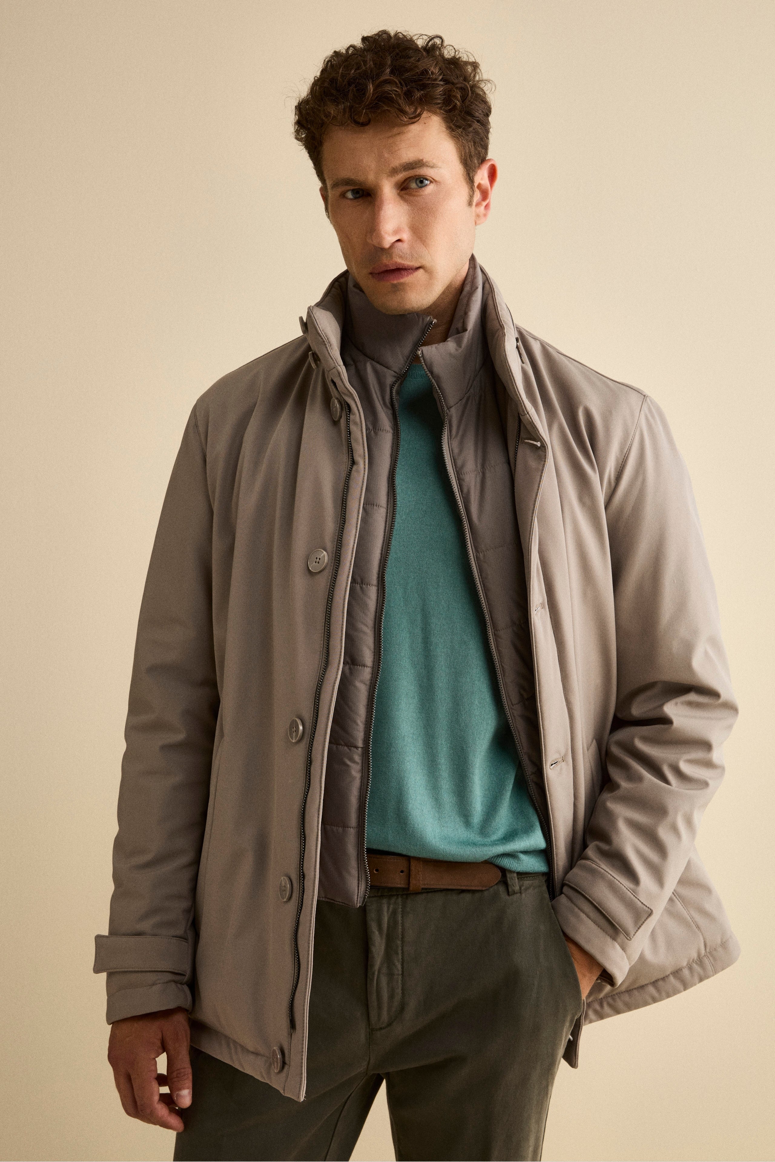 Winter Coat with Removable Bib and Detachable Hood - Sand brown