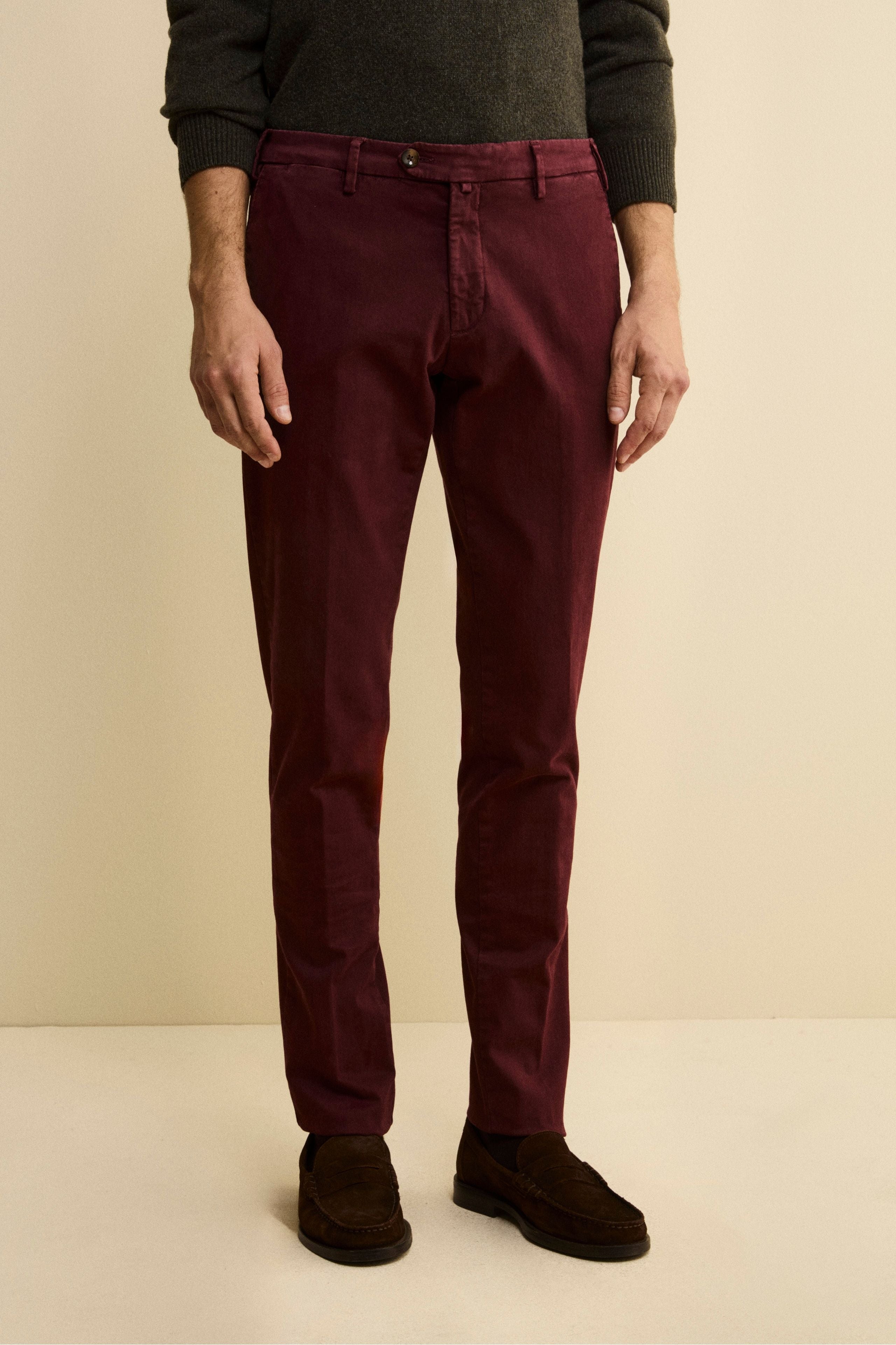 Slim Fit Stretch Gabardine Trousers - Burgundy