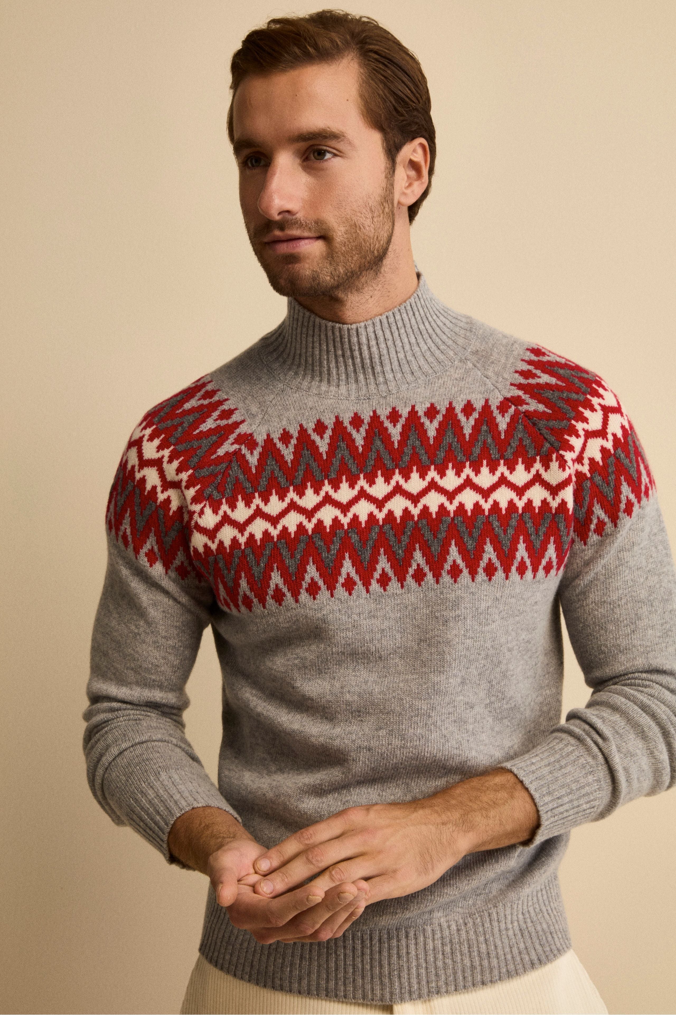 Jacquard Norwegian Mock Neck in Merino Wool - GREY/RED