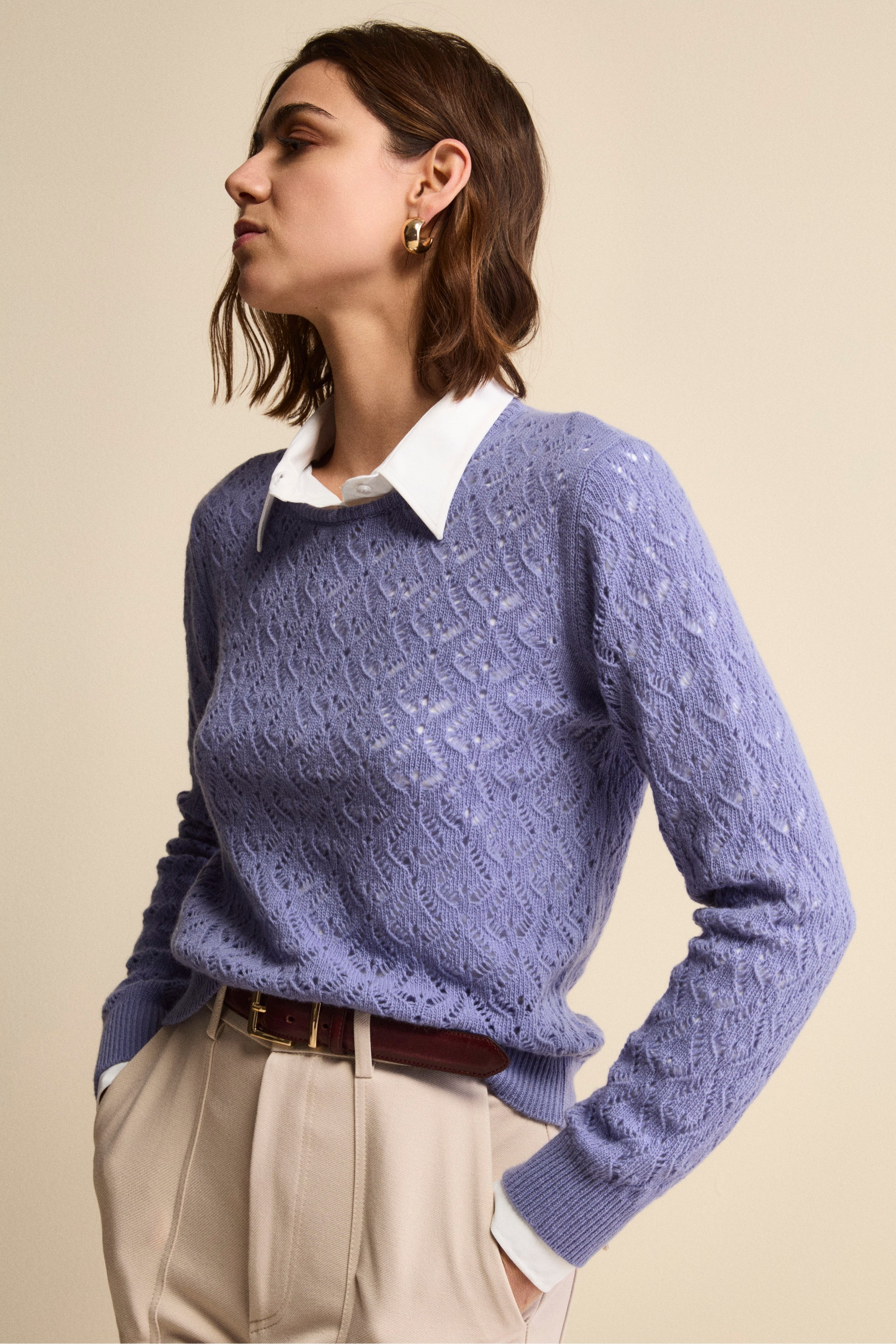 Lace-Stitch Openwork Wool-Cashmere Crewneck - Lavender
