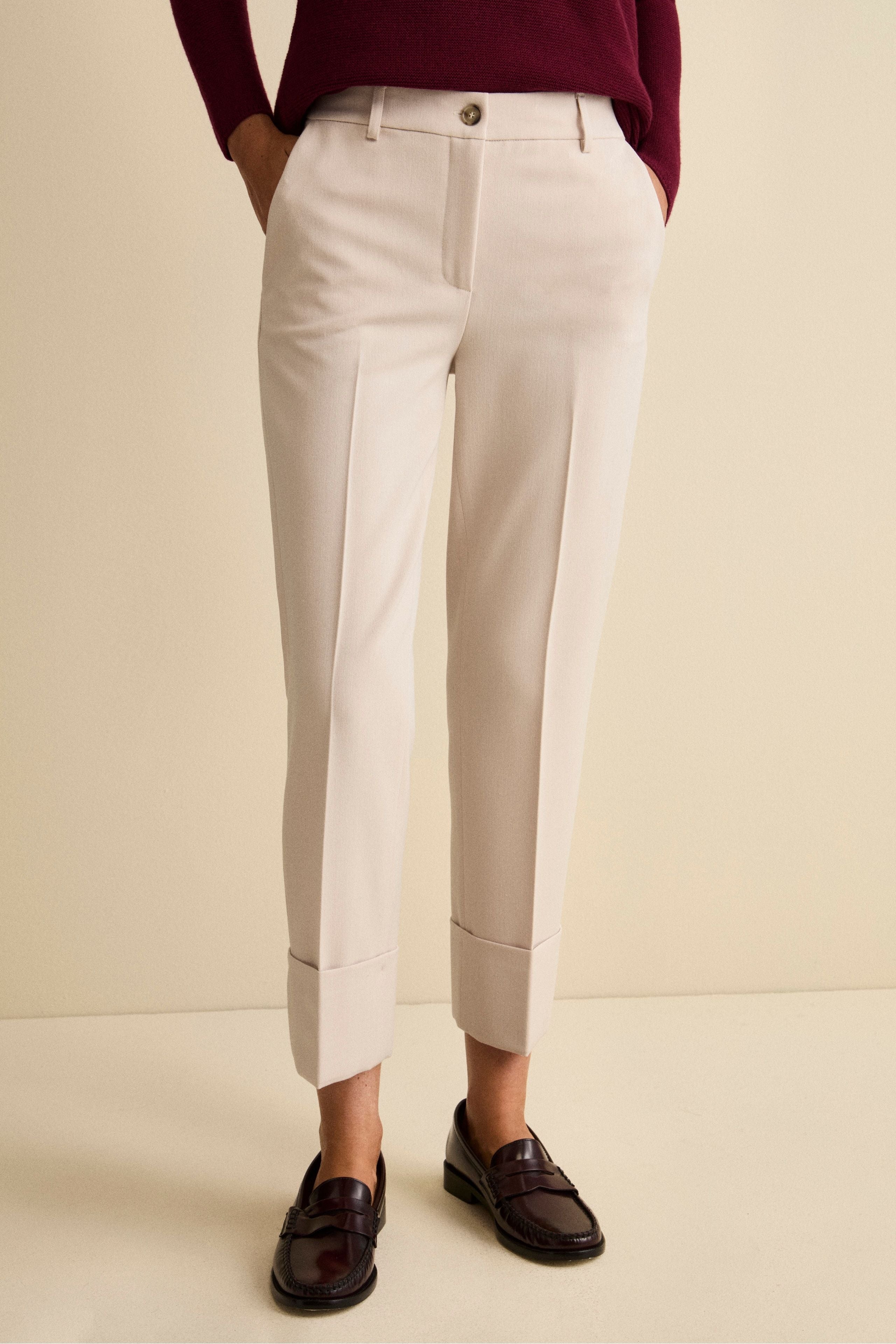 Cigarette Trousers with Pleats and Cuffs - CREAM