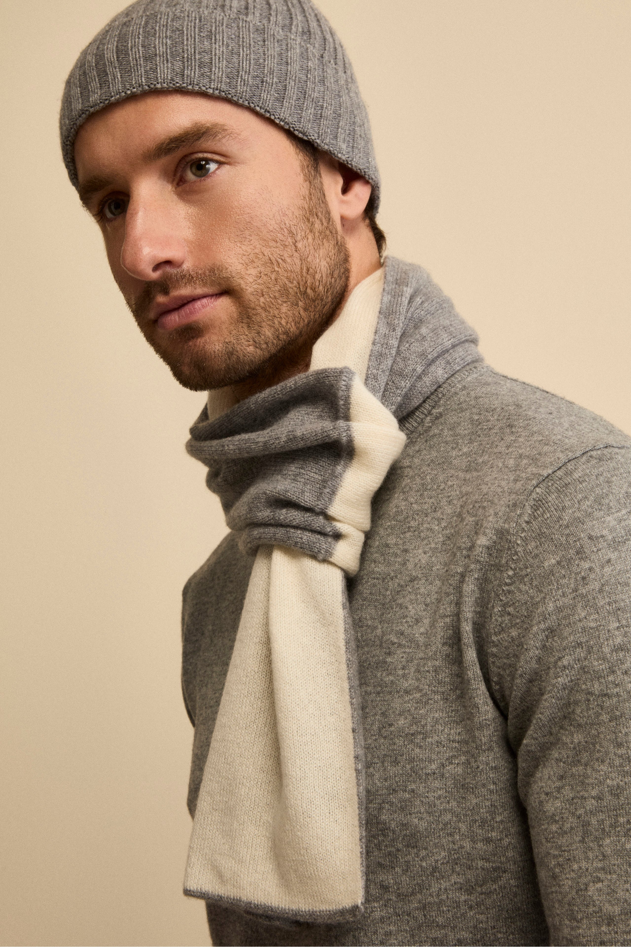 Bicolor cashmere knit collar - Cream-Medium grey