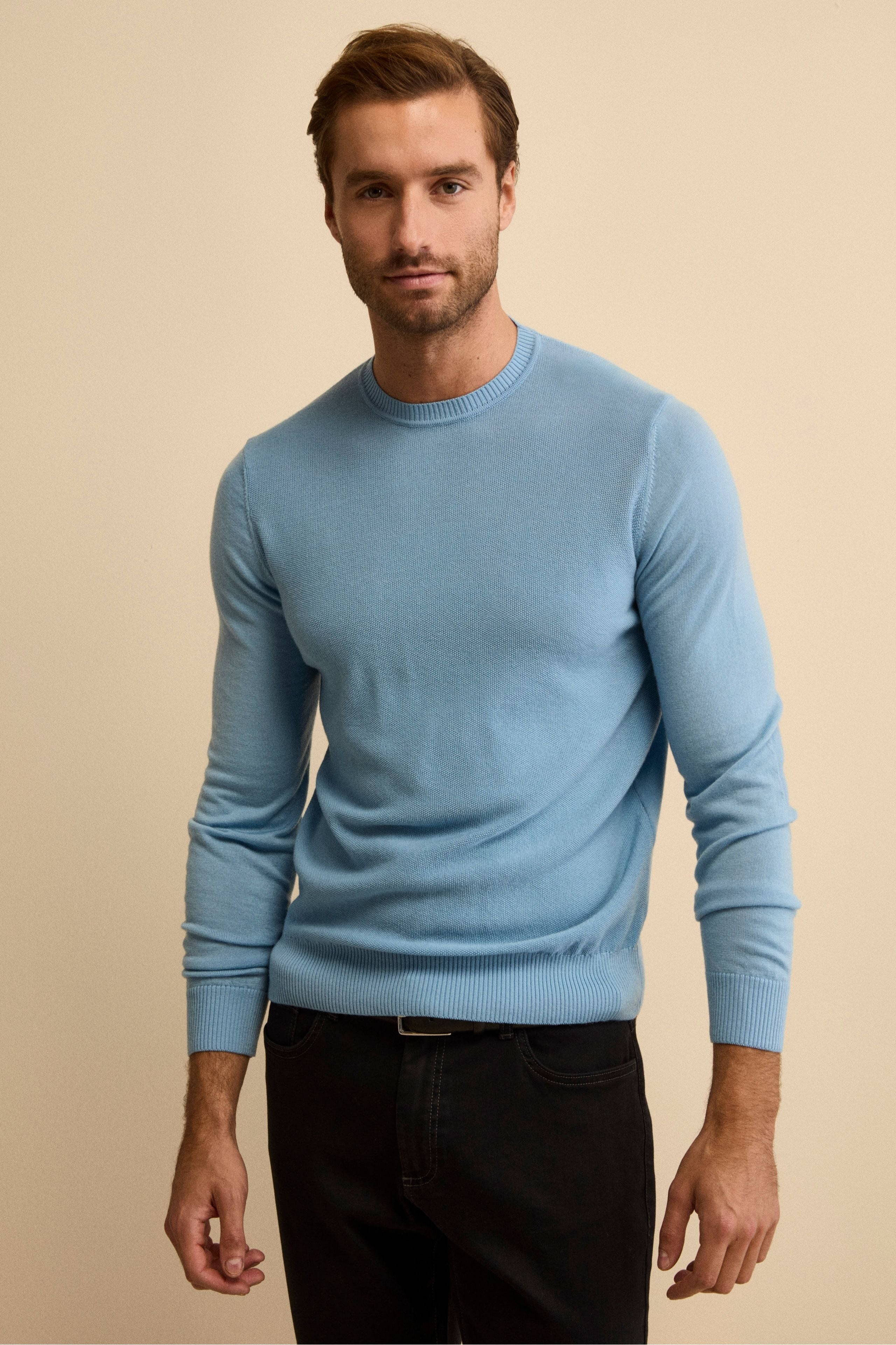 Wool Piqué Crewneck with Elbow Patches - Light blue