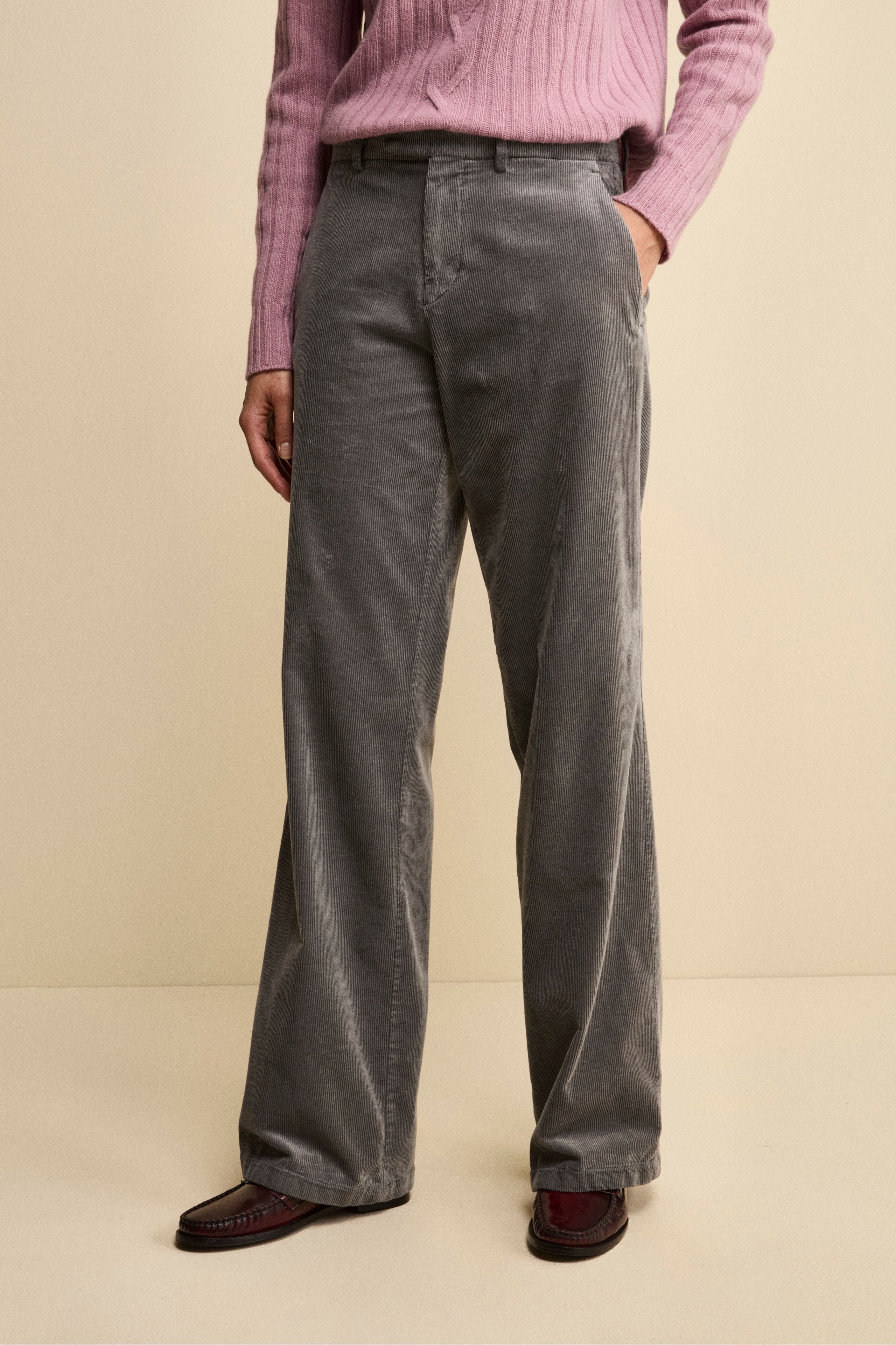Wide-Leg Corduroy Trousers - GREY