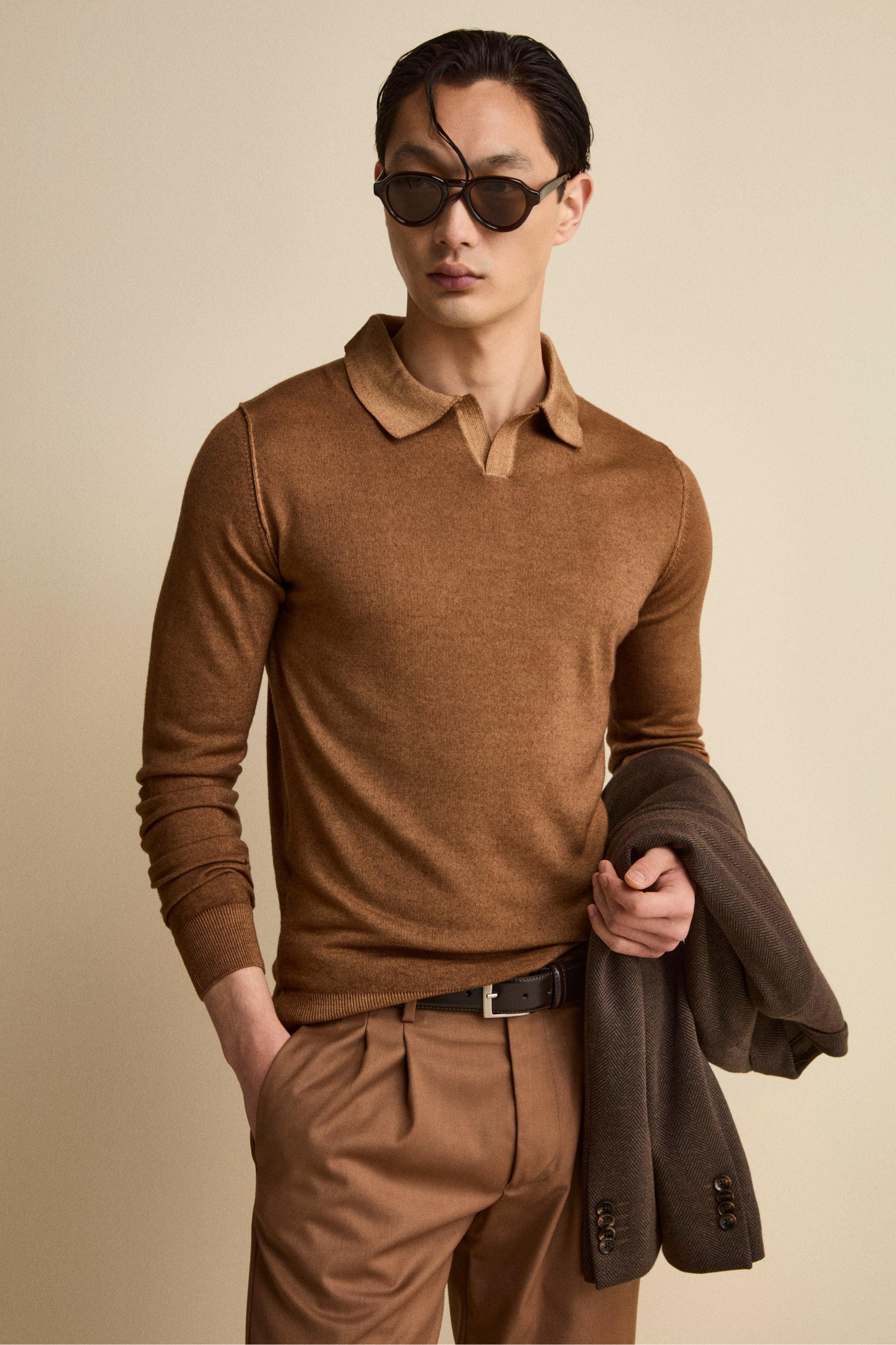 Merino wool derby polo shirt - Tobacco brown