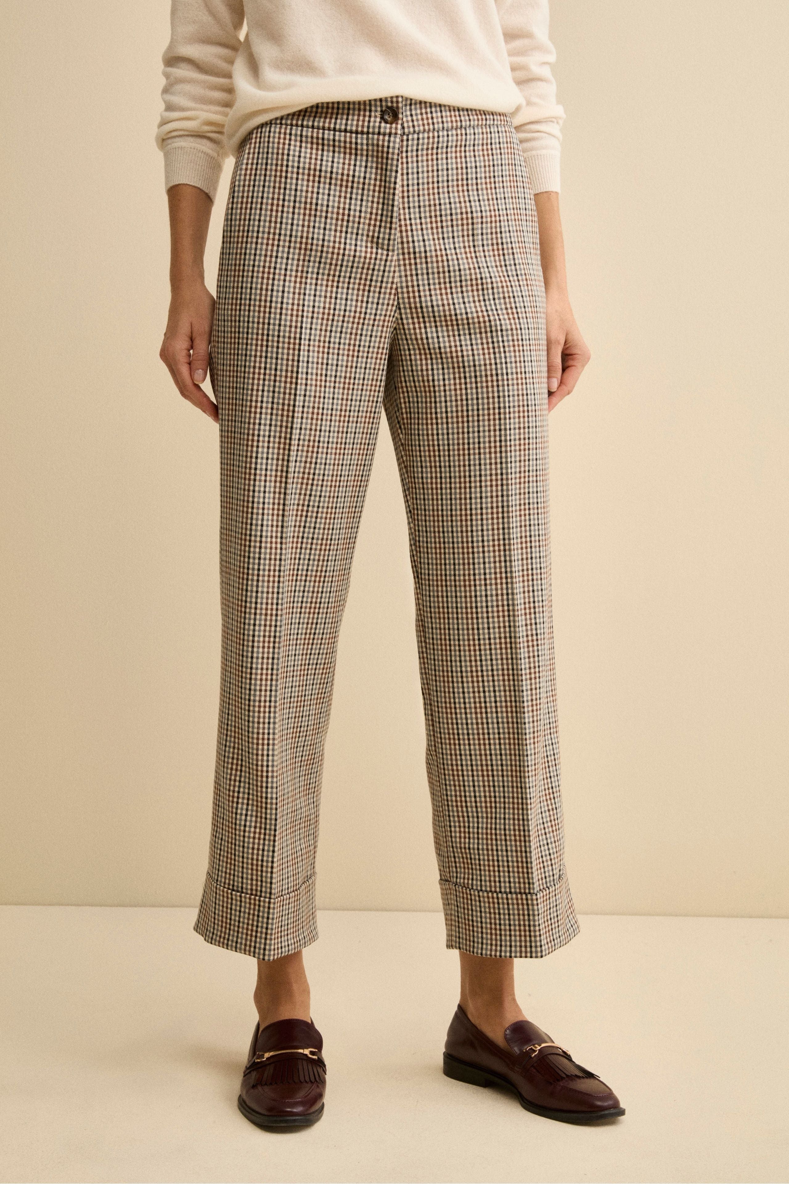 Checked Straight-Fit Trousers with Cuffed Hem - Beige check