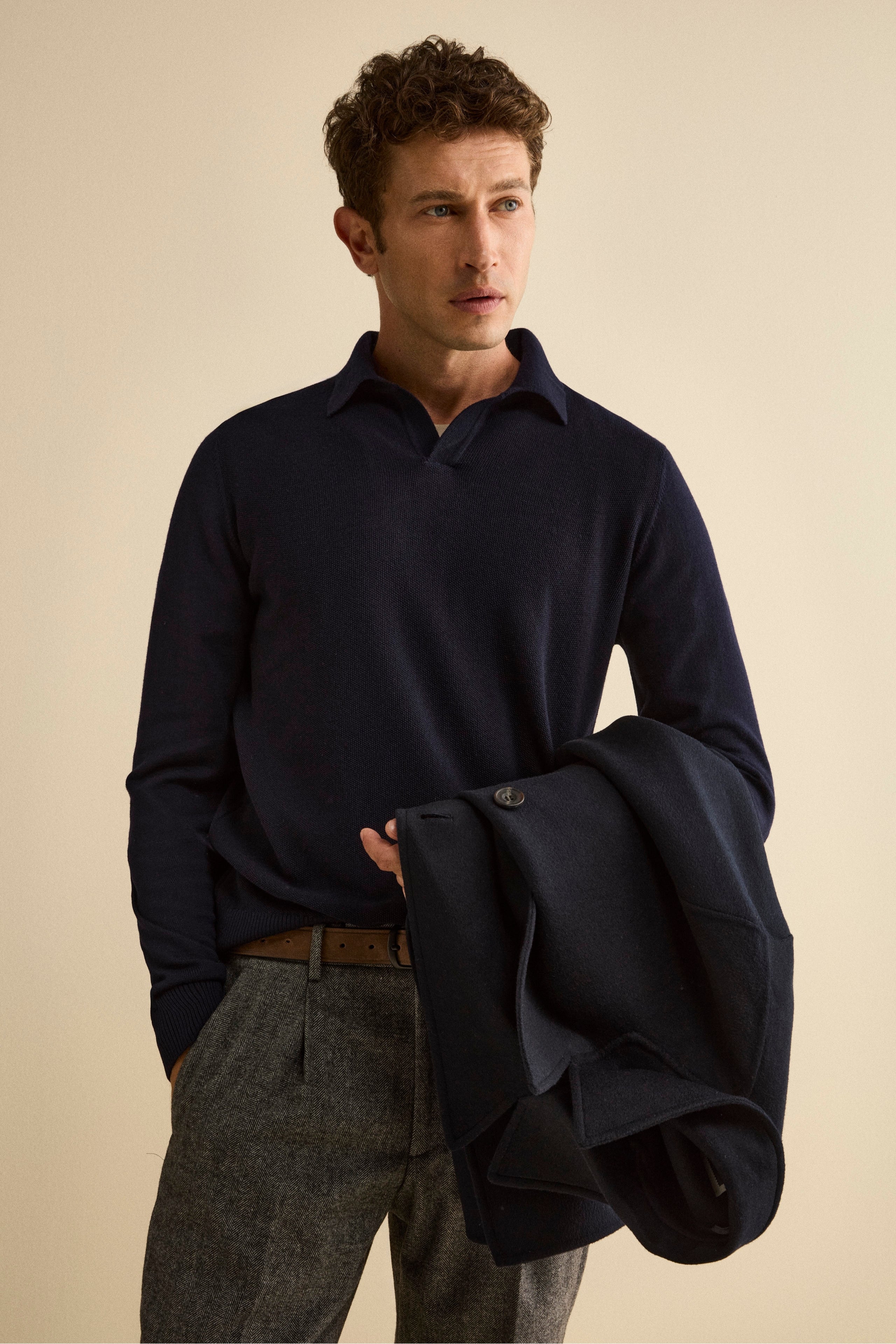 Derby Polo in Merino Wool with Elbow Patches - BLUE