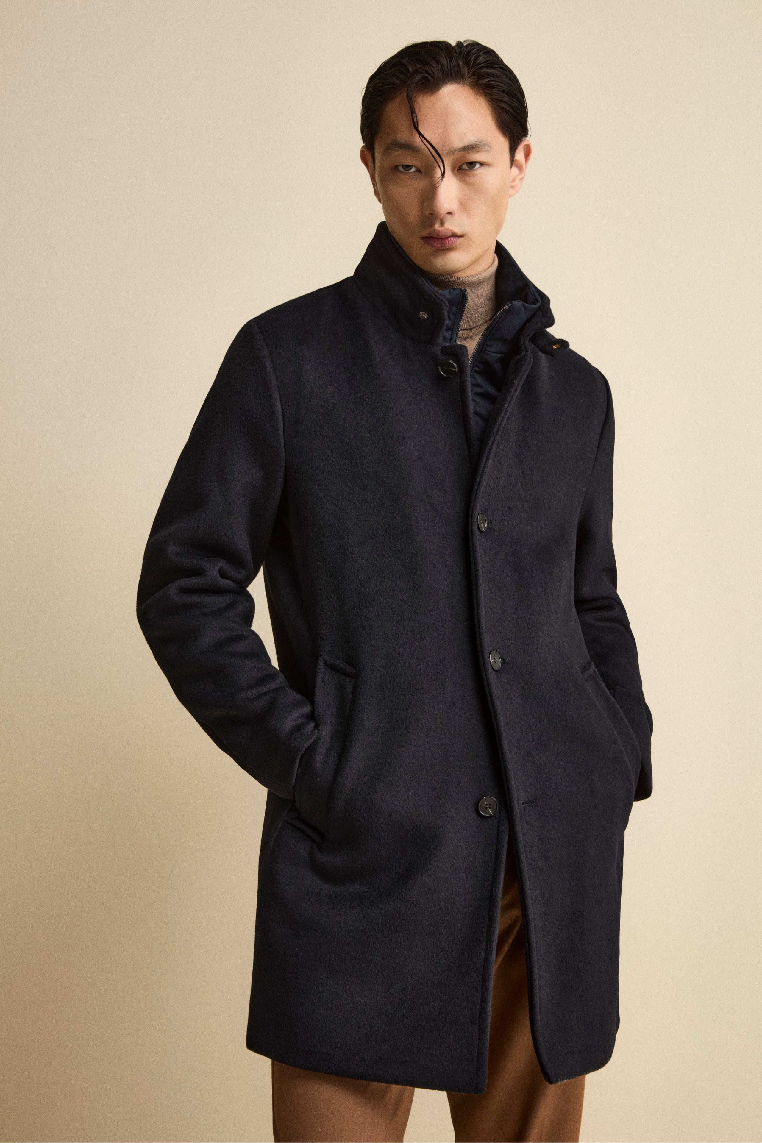 Midi Coat in Wool Blend with Removable Zip-Out Bib - BLUE