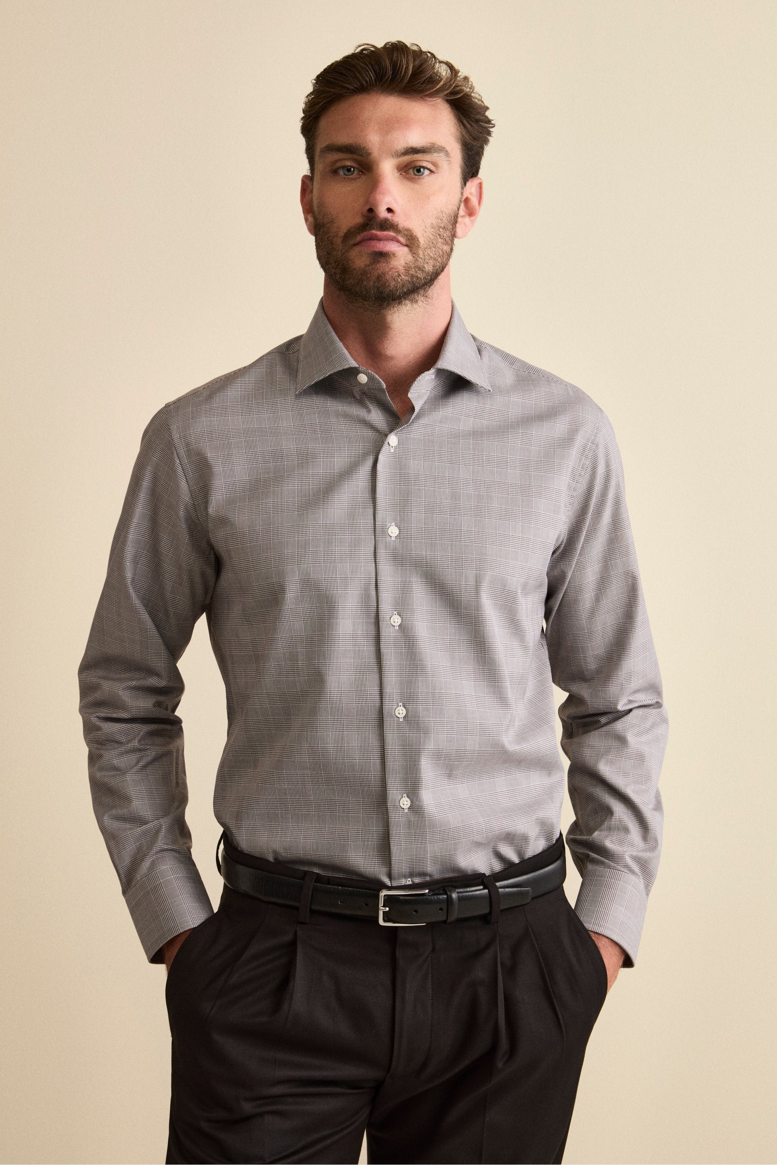 Baumwollhemd Custom Fit mit französischem Kragen - braunes Hahnentrittmuster