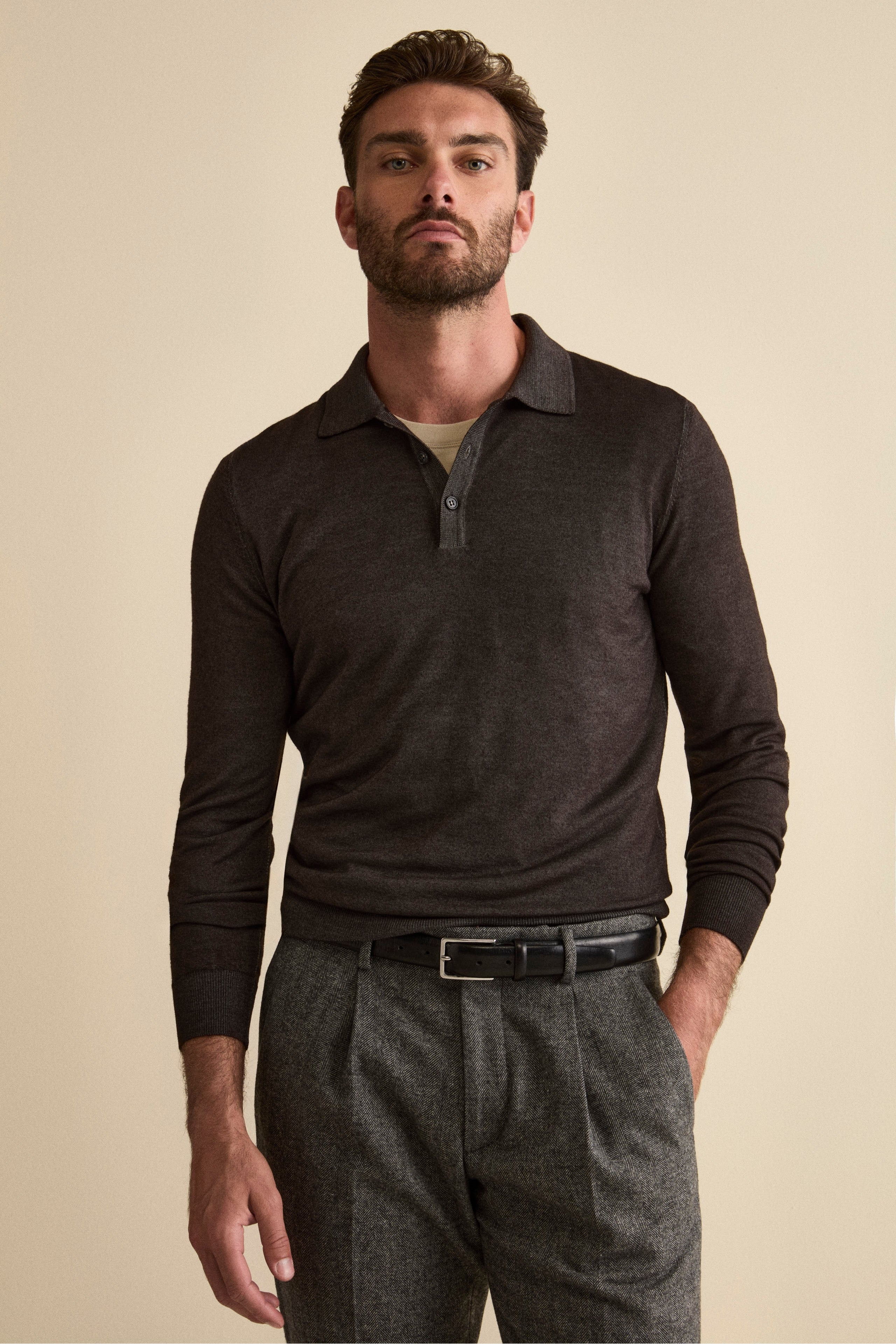 Knit Polo with Buttons in Merino Wool - brown