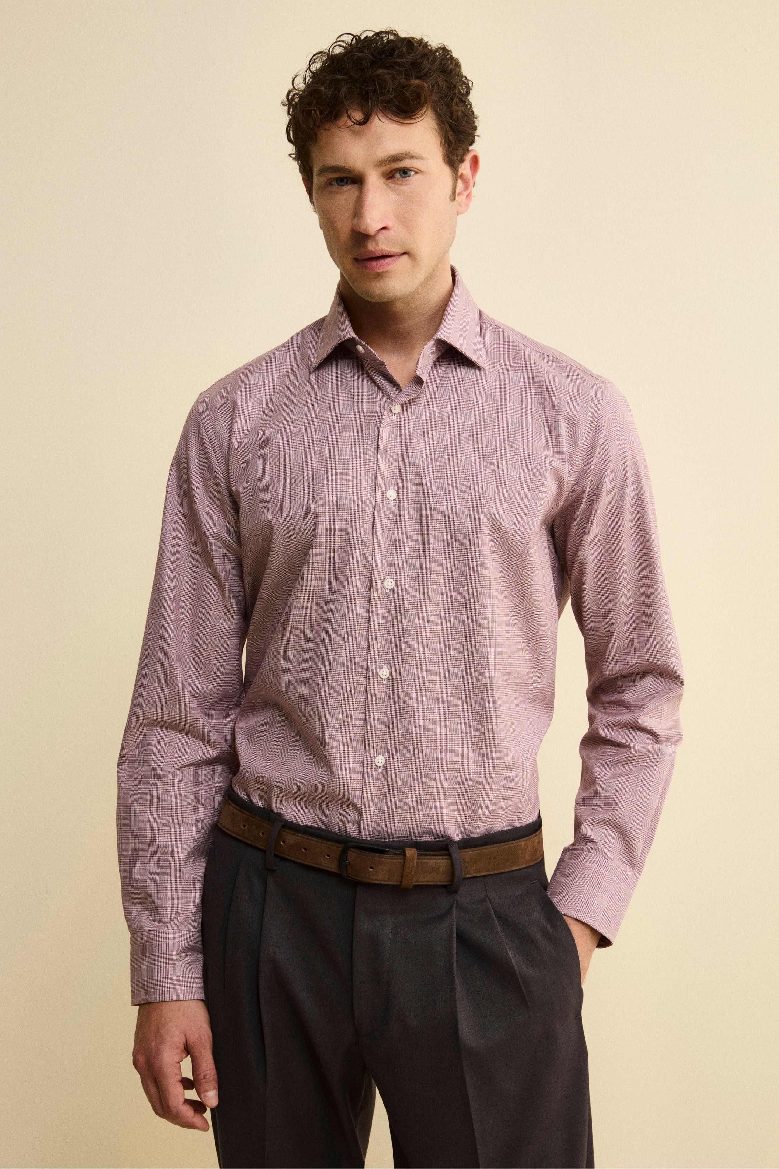 Pied-de-Poule Pattern Custom Fit Shirt - Bordeaux P/P