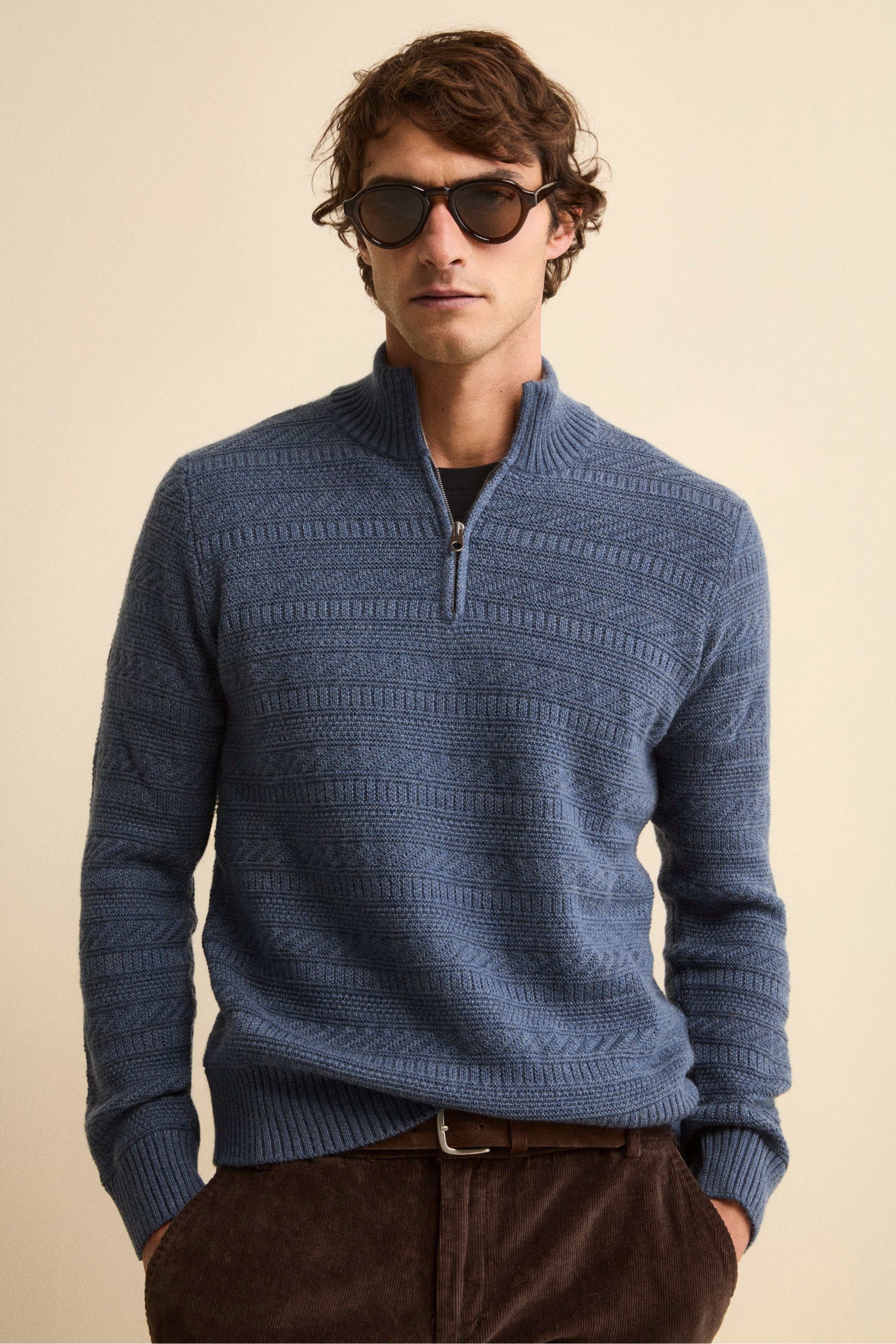 Half-Zip Mock Neck in Virgin Wool - Air force blue