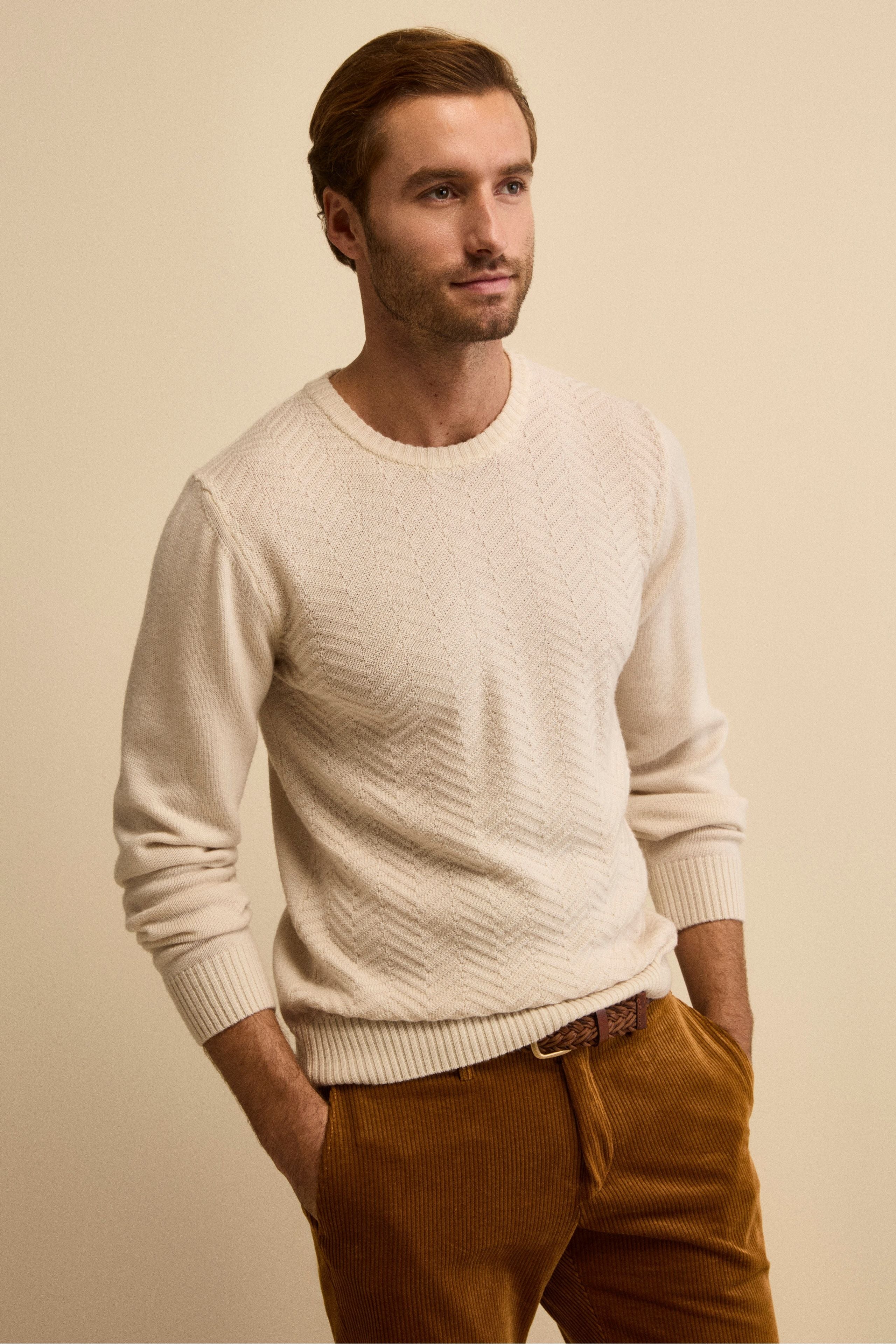 Fisherman’s Rib Crewneck in Merino Wool - Butter white