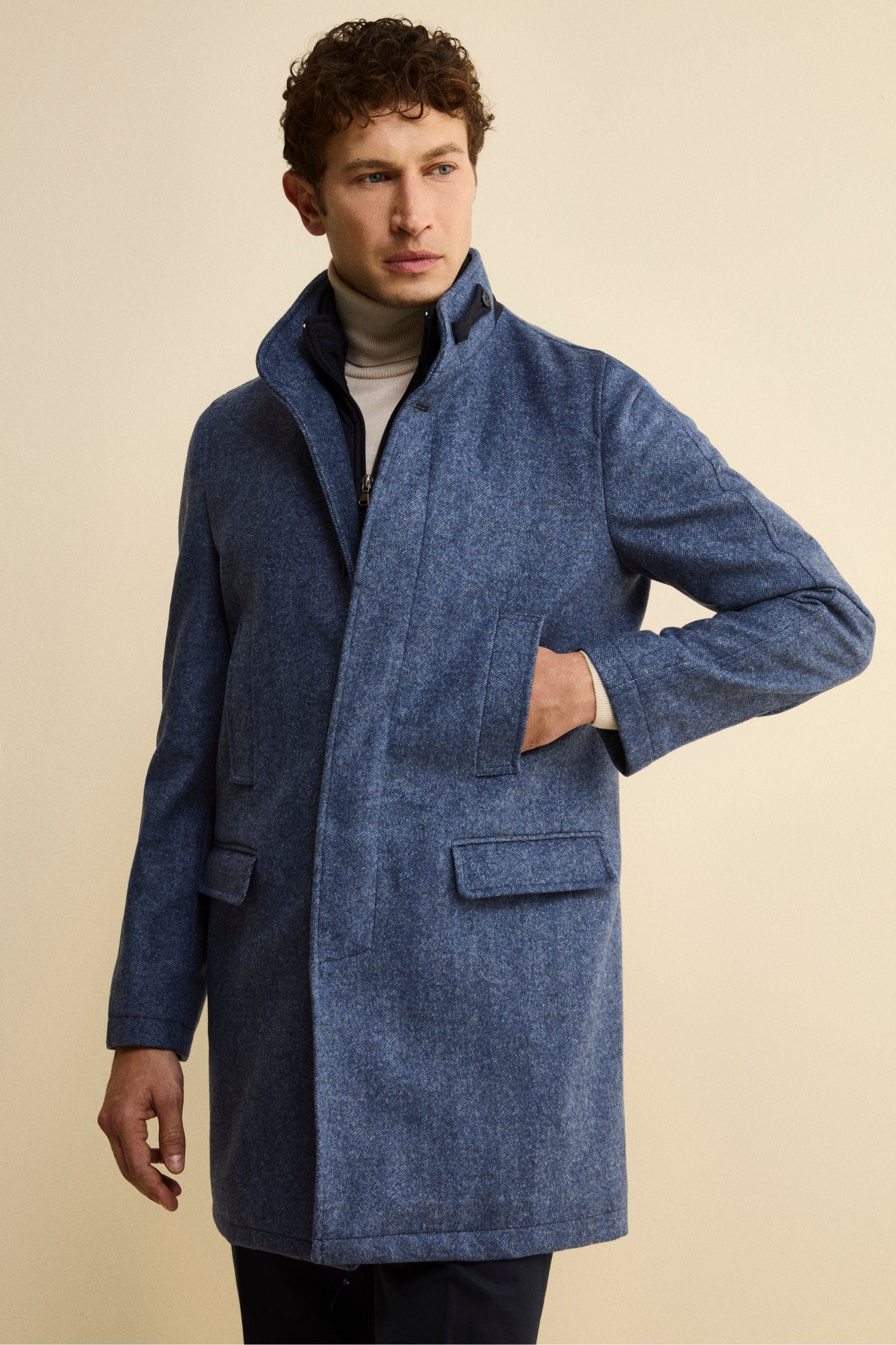Herringbone Midi Coat in Wool and Cashmere Blend - LIGHT BLUE MELANGE