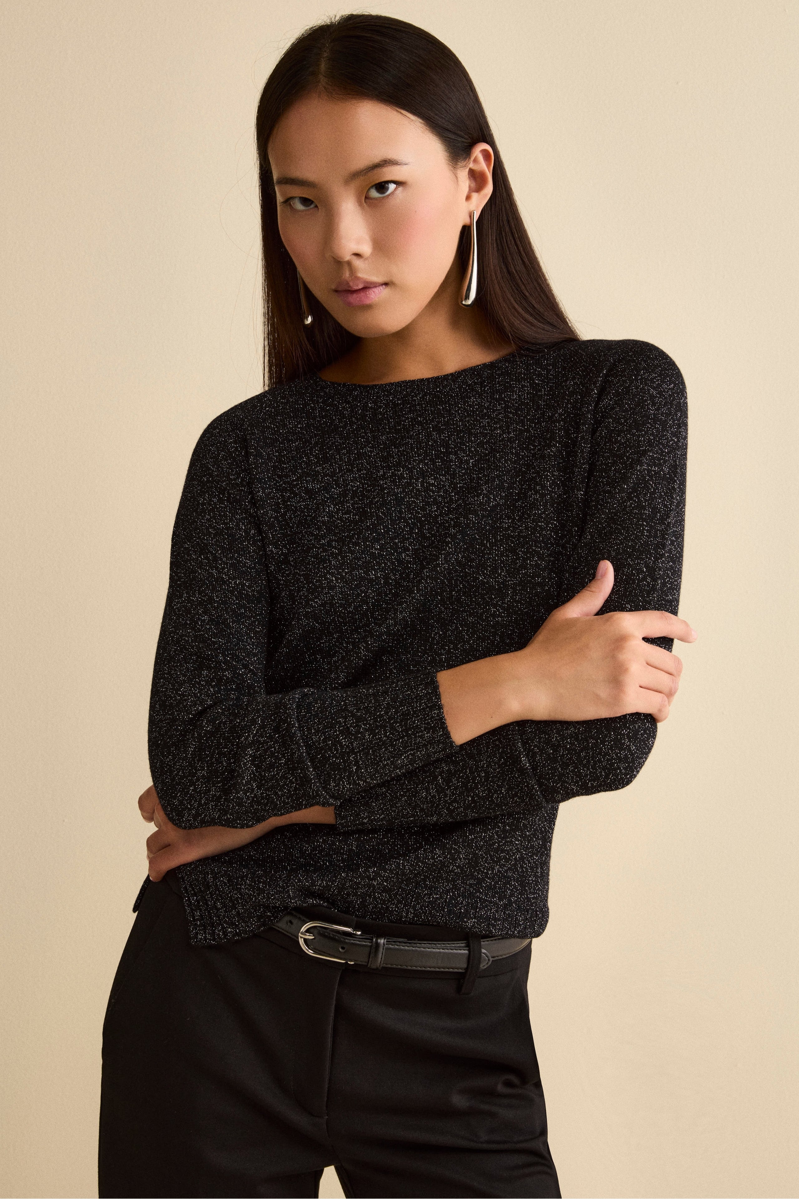 Merino Wool Lurex Crewneck Sweater - BLACK