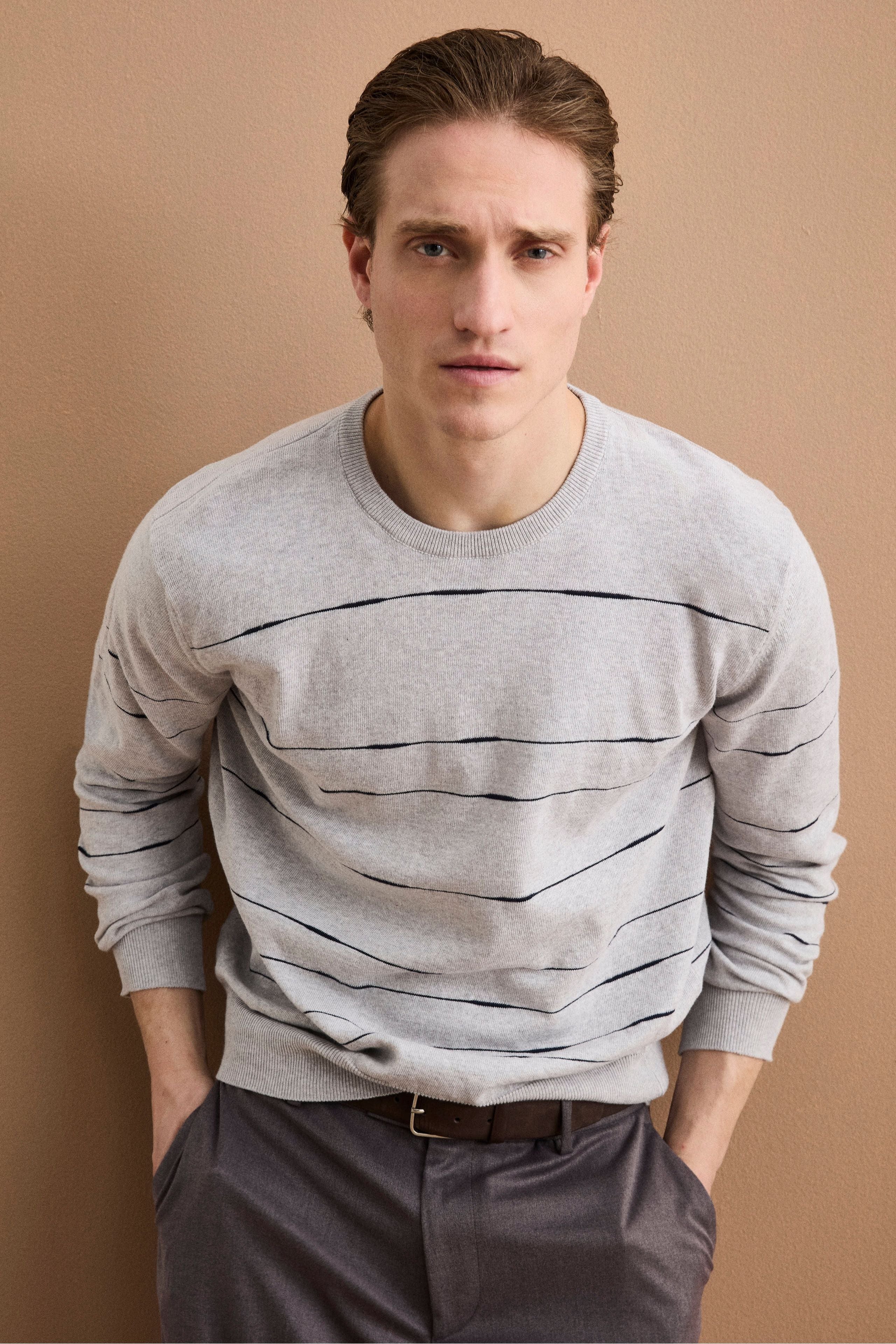Gestreifter Rundhals-Strickpullover aus Baumwolle Regular Fit - GRAU/BLAU
