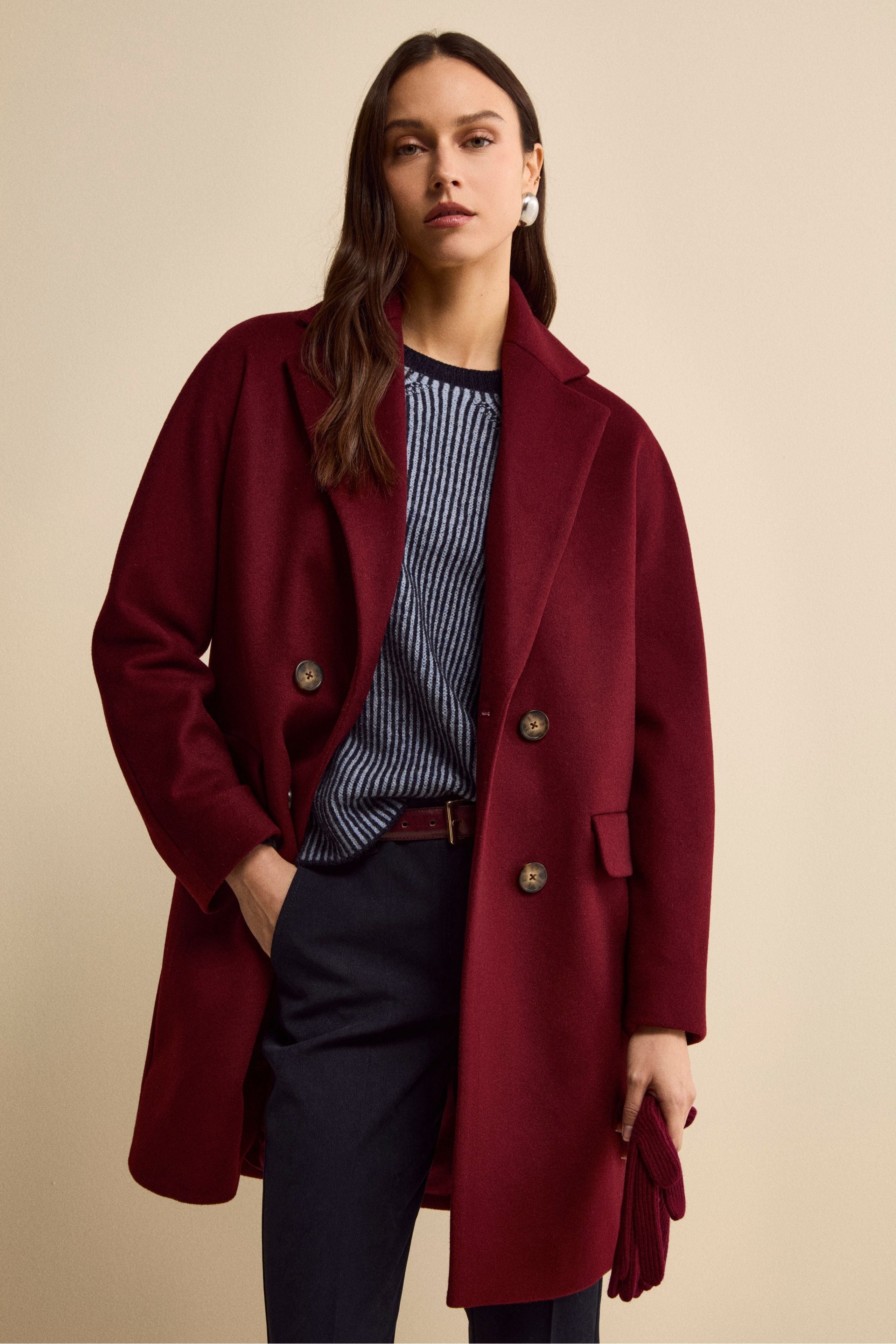 Midi Double-Breasted Coat in Wool and Cashmere Blend - Burgundy