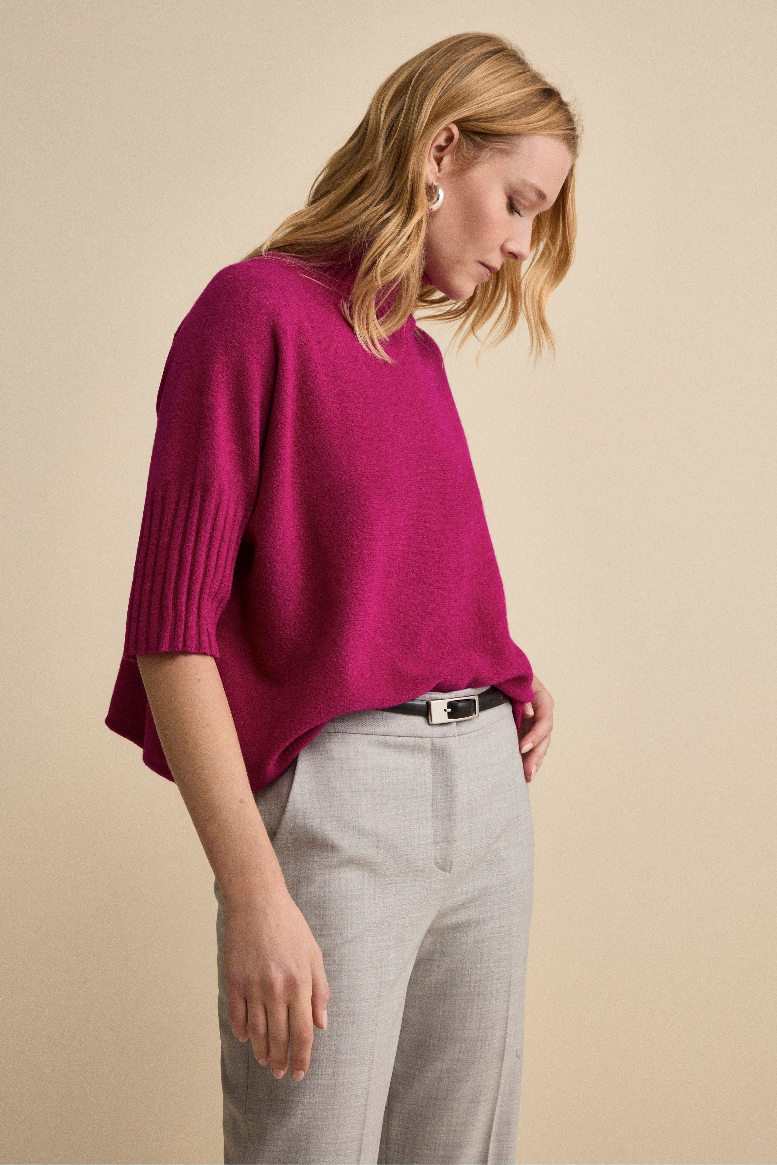 Oversized Mock-Neck Half-Sleeve Sweater - PINK