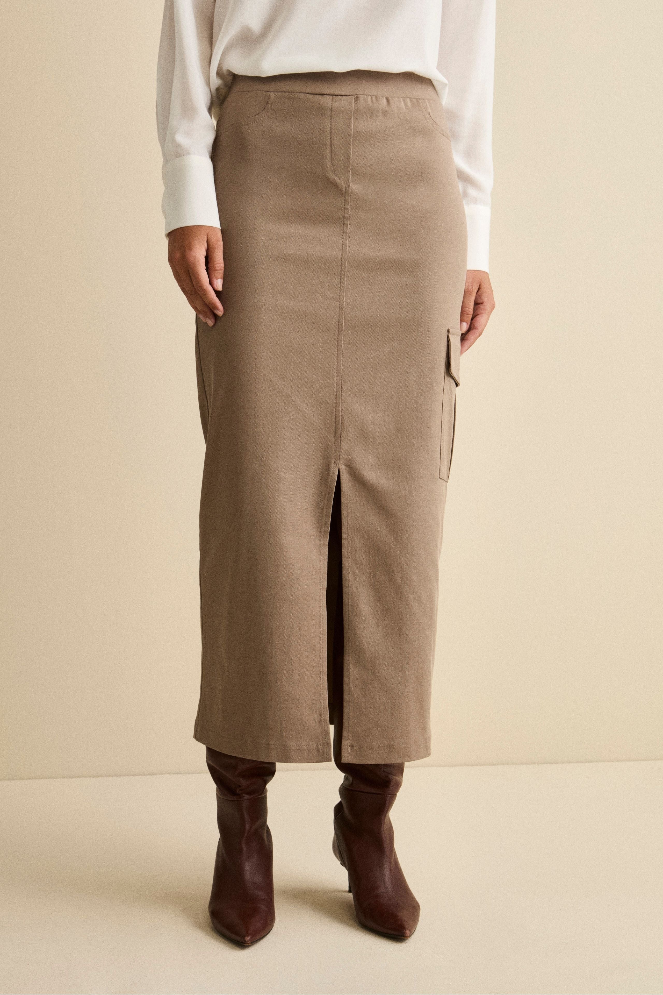 Long Gabardine Skirt with Slit - gray