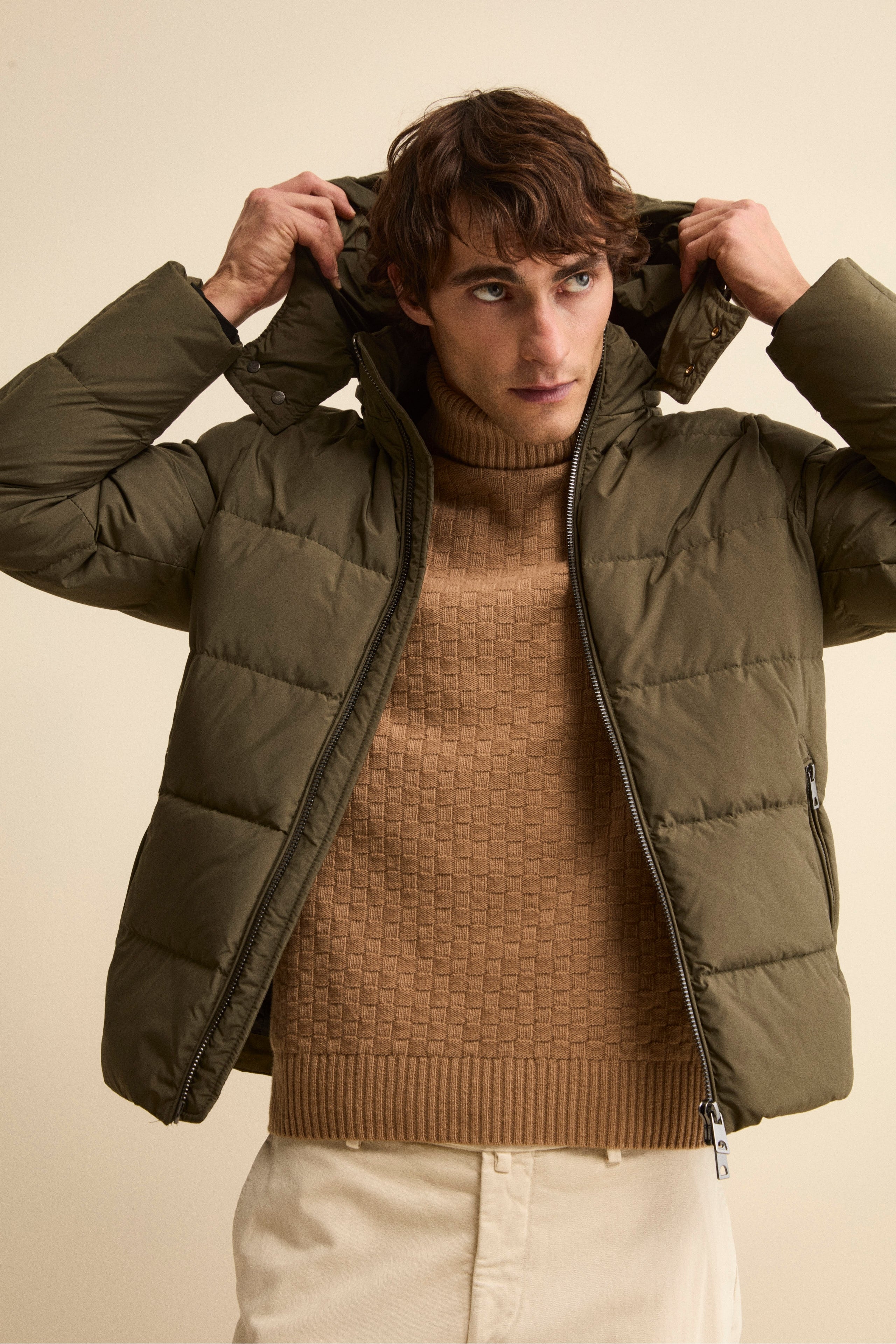 Down Jacket with Removable Hood - Military green