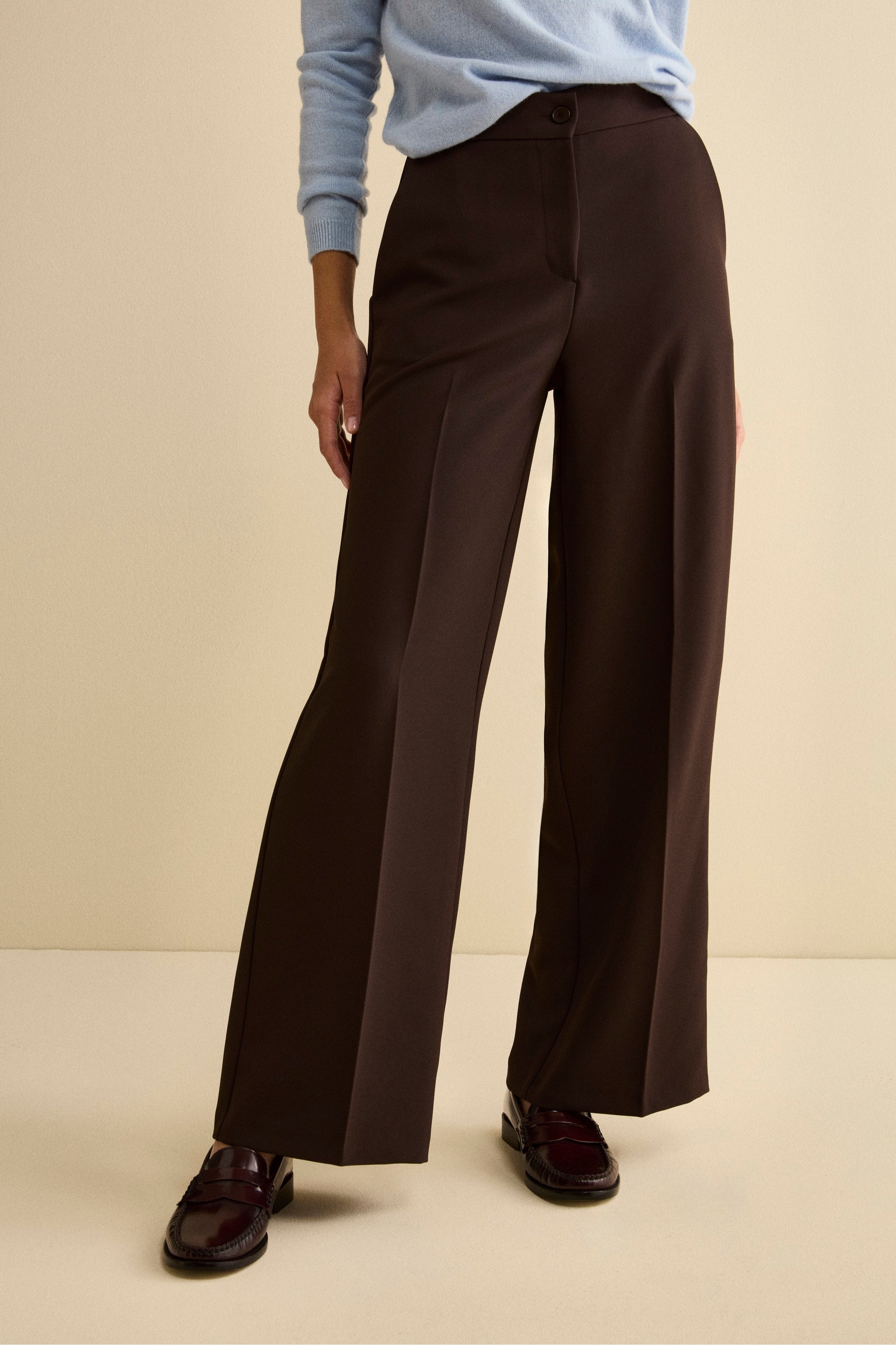 Wide-Leg Bi-Stretch Trousers - brown