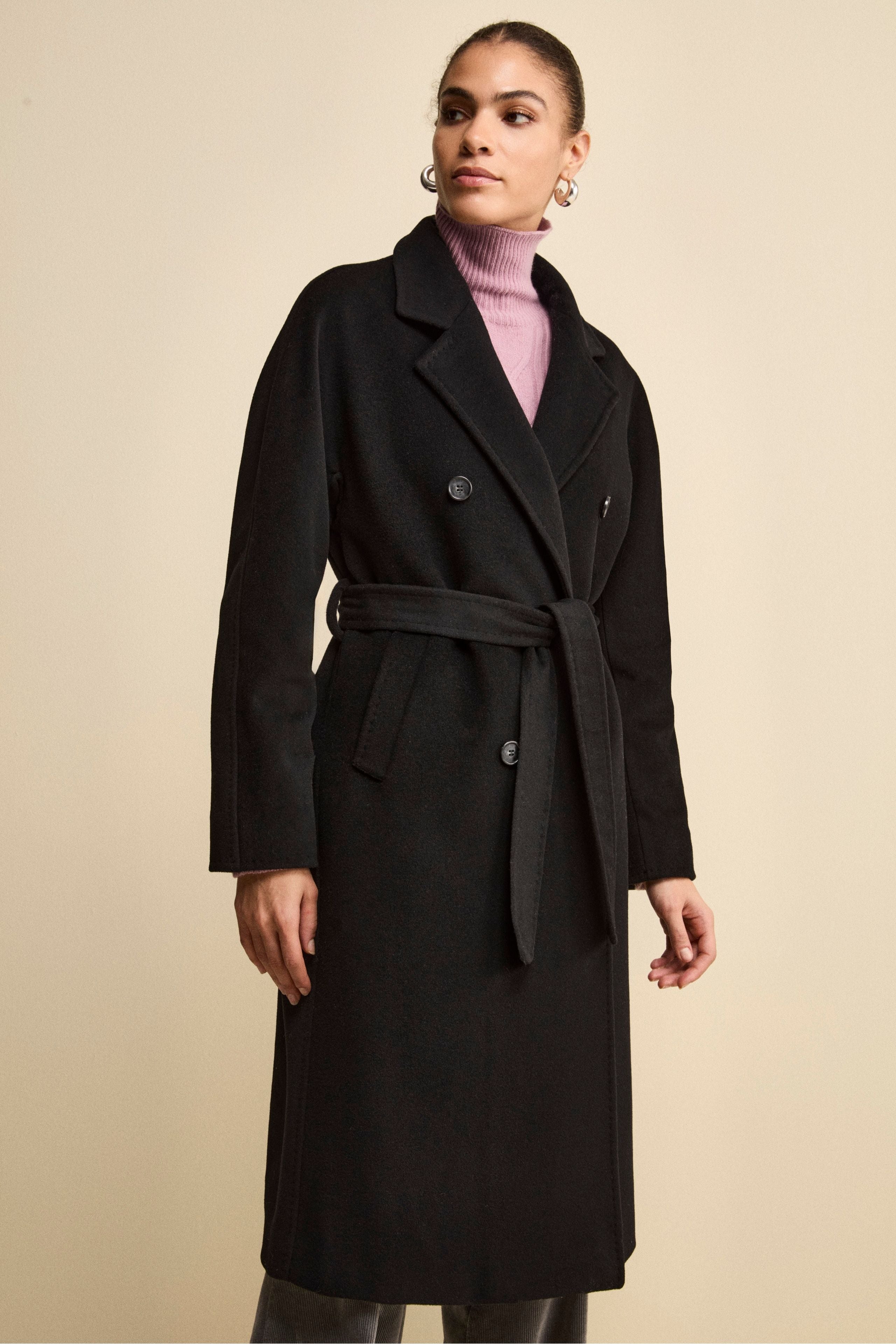 Double-Breasted Coat with Notch Lapels in Wool and Cashmere - BLACK