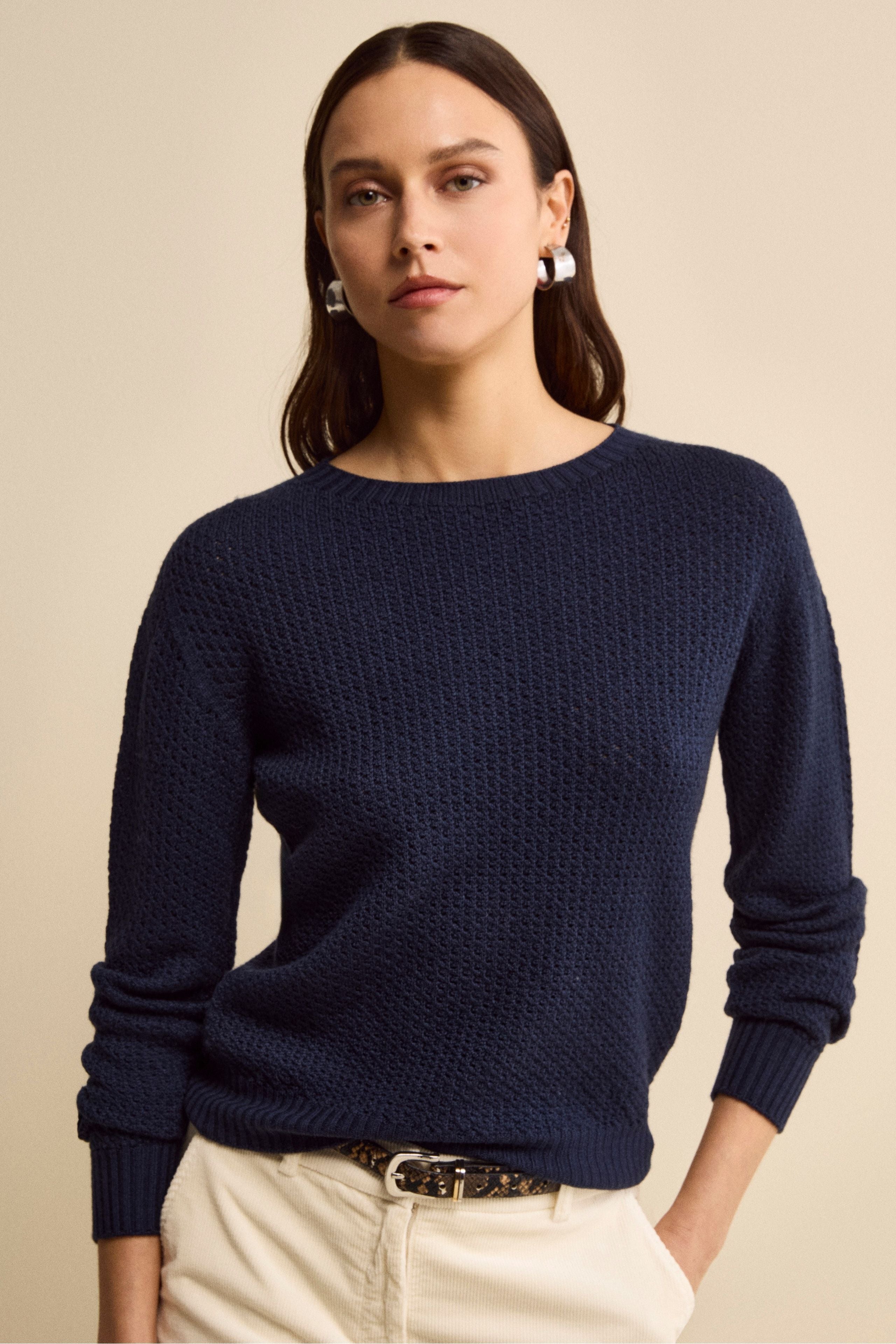 Openwork Merino Wool Crewneck Sweater - Navy blue