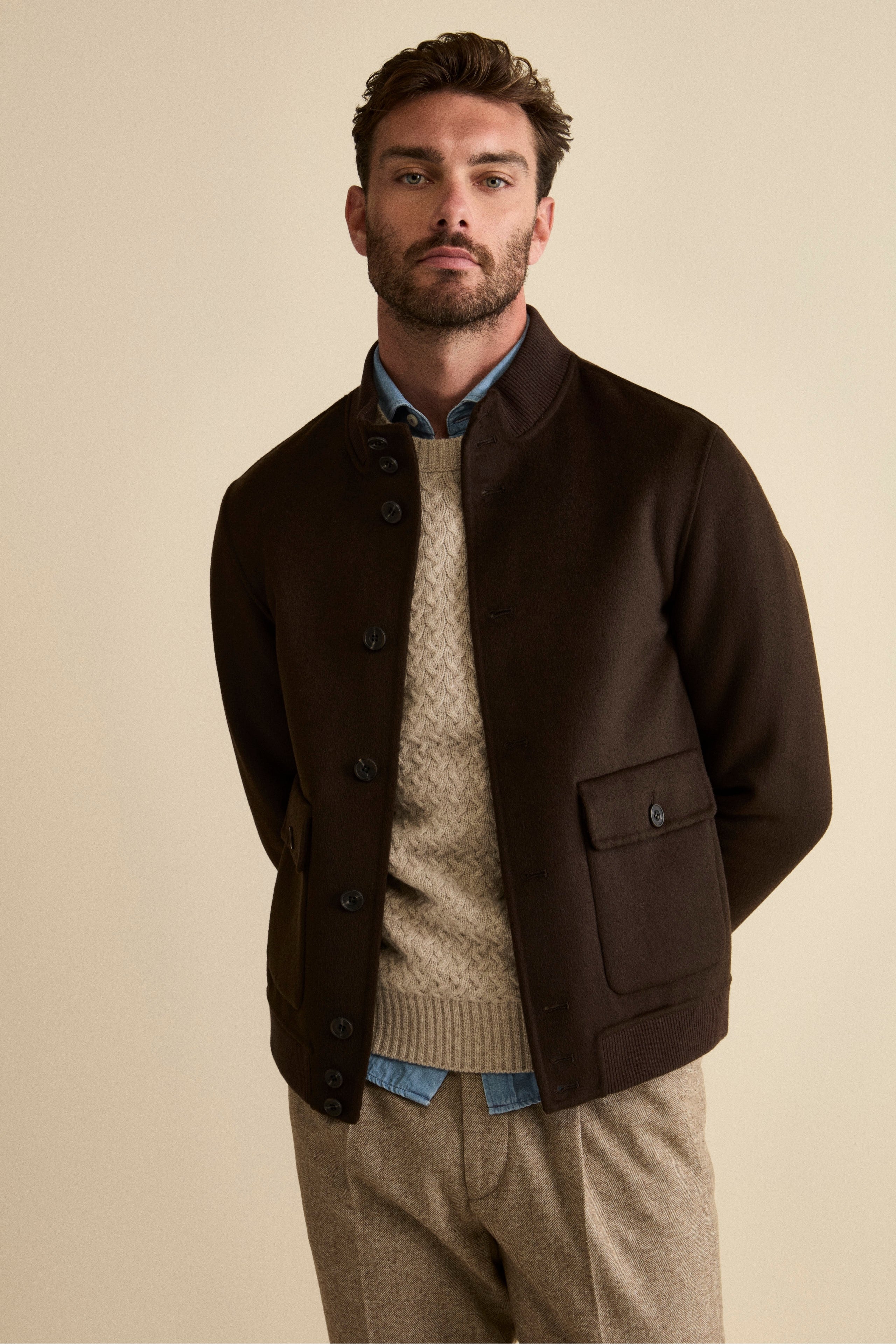 Wool Bomber with Pockets - BROWN