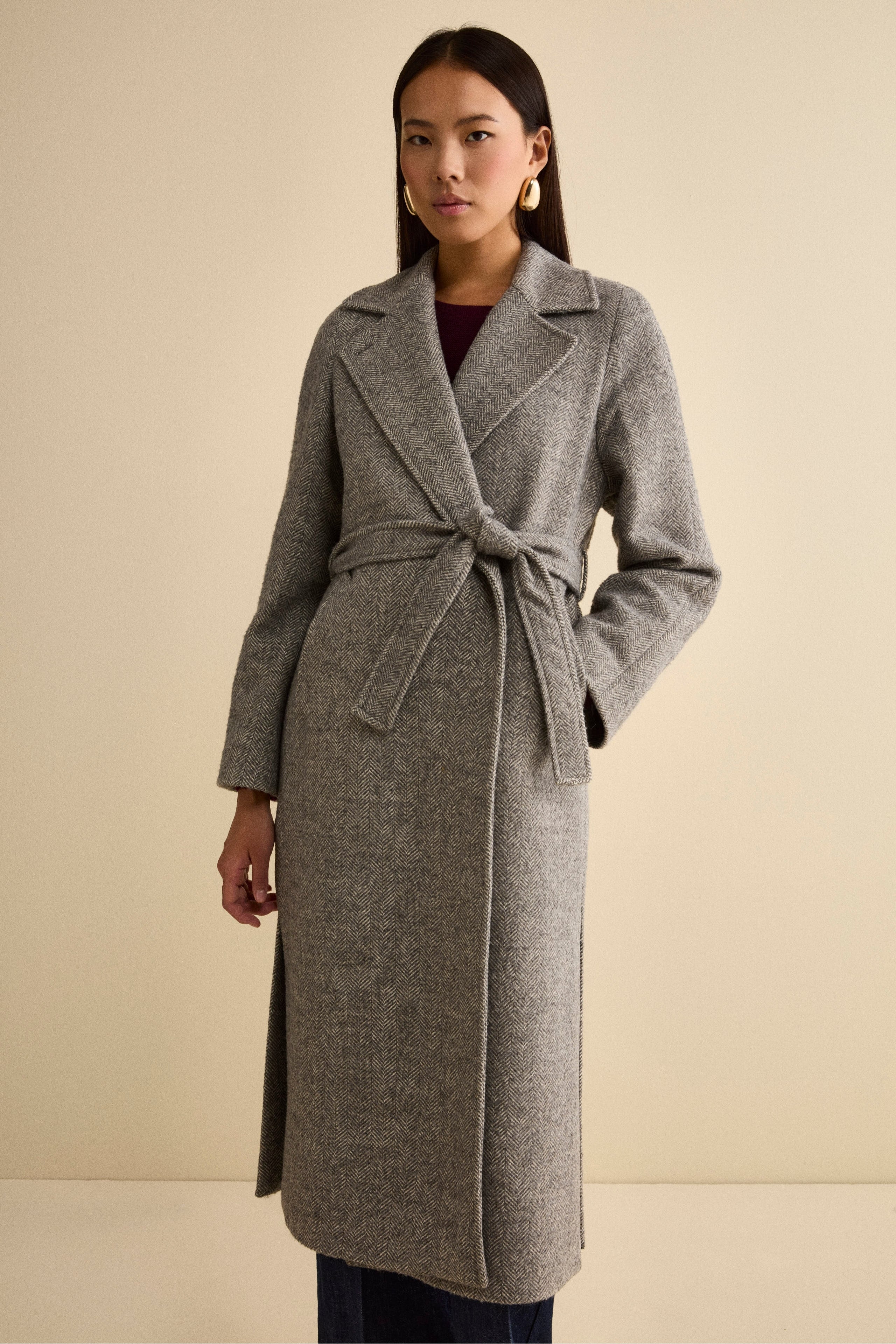 Wrap Coat with Belt in Wool Blend - Grey herringbone