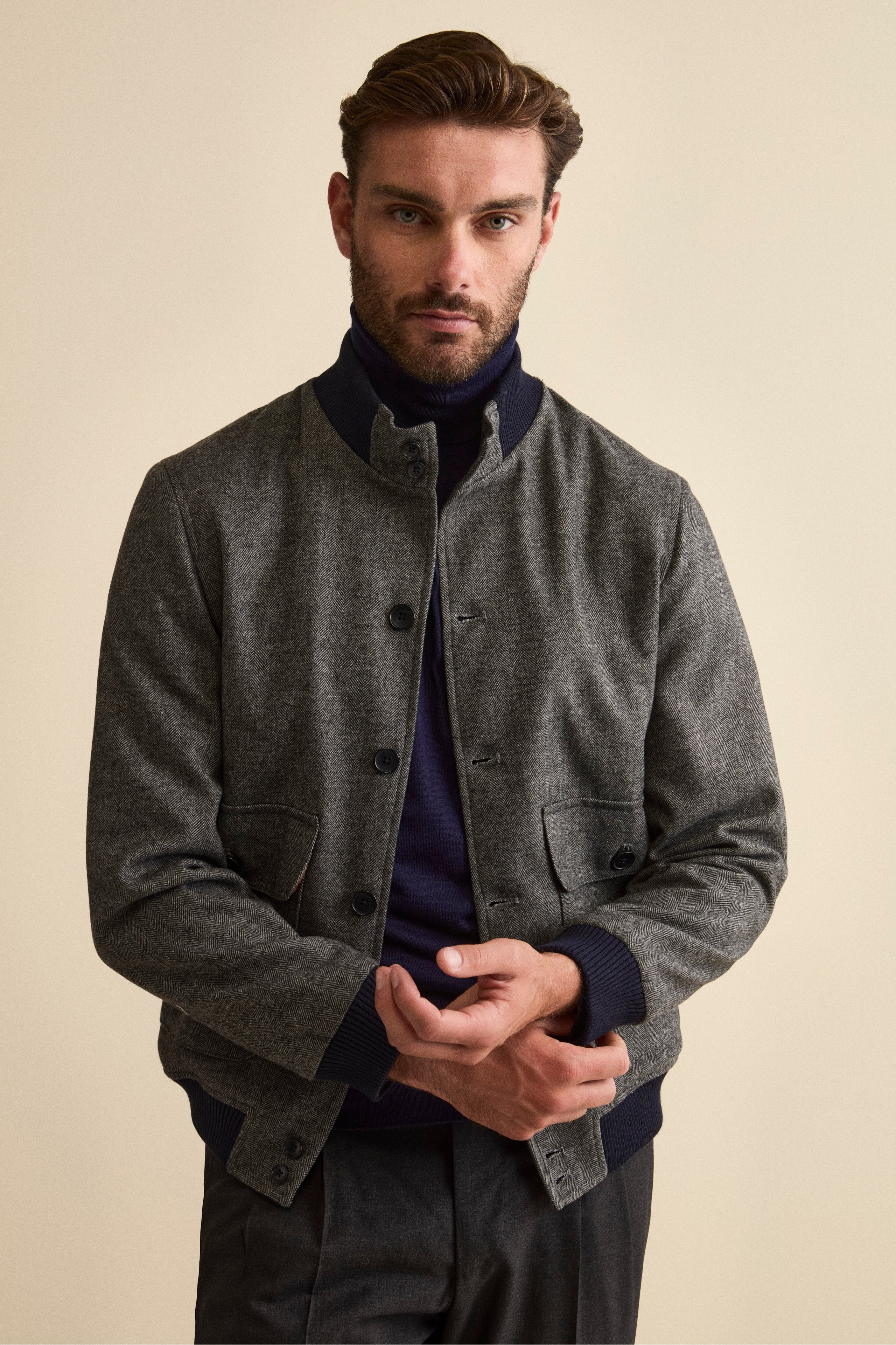Herringbone Bomber with Pockets in Wool Blend - grey herringbone