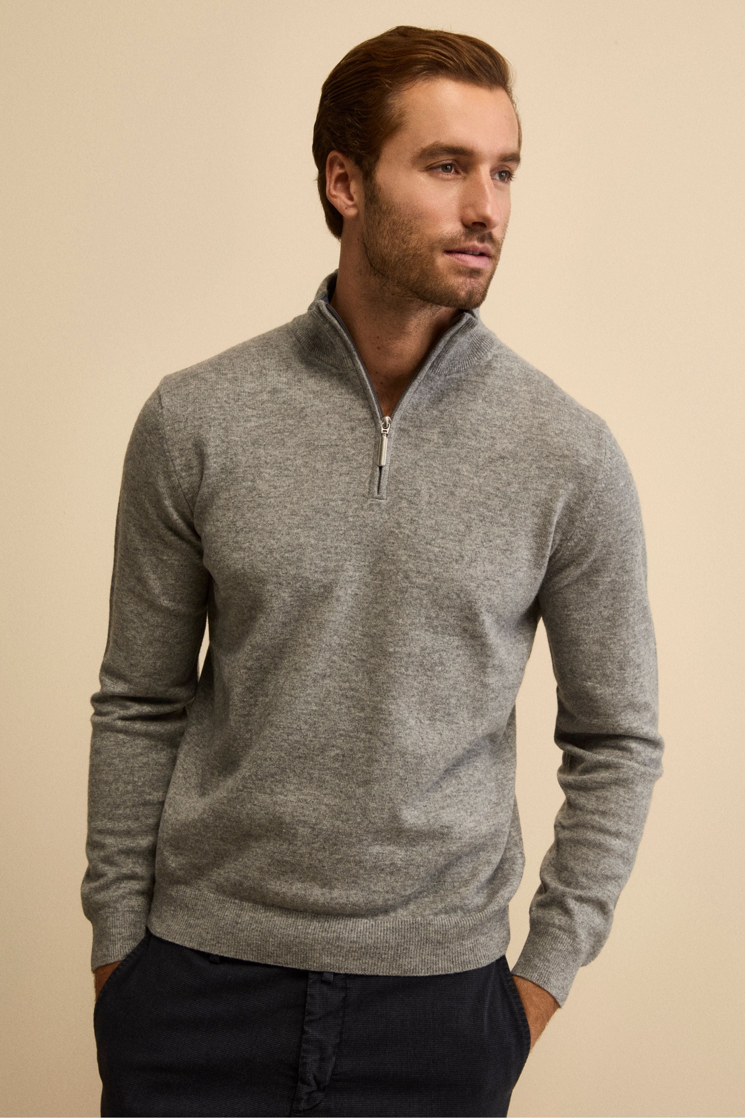Turtleneck with Zip in Wool and Cashmere - Grey melange