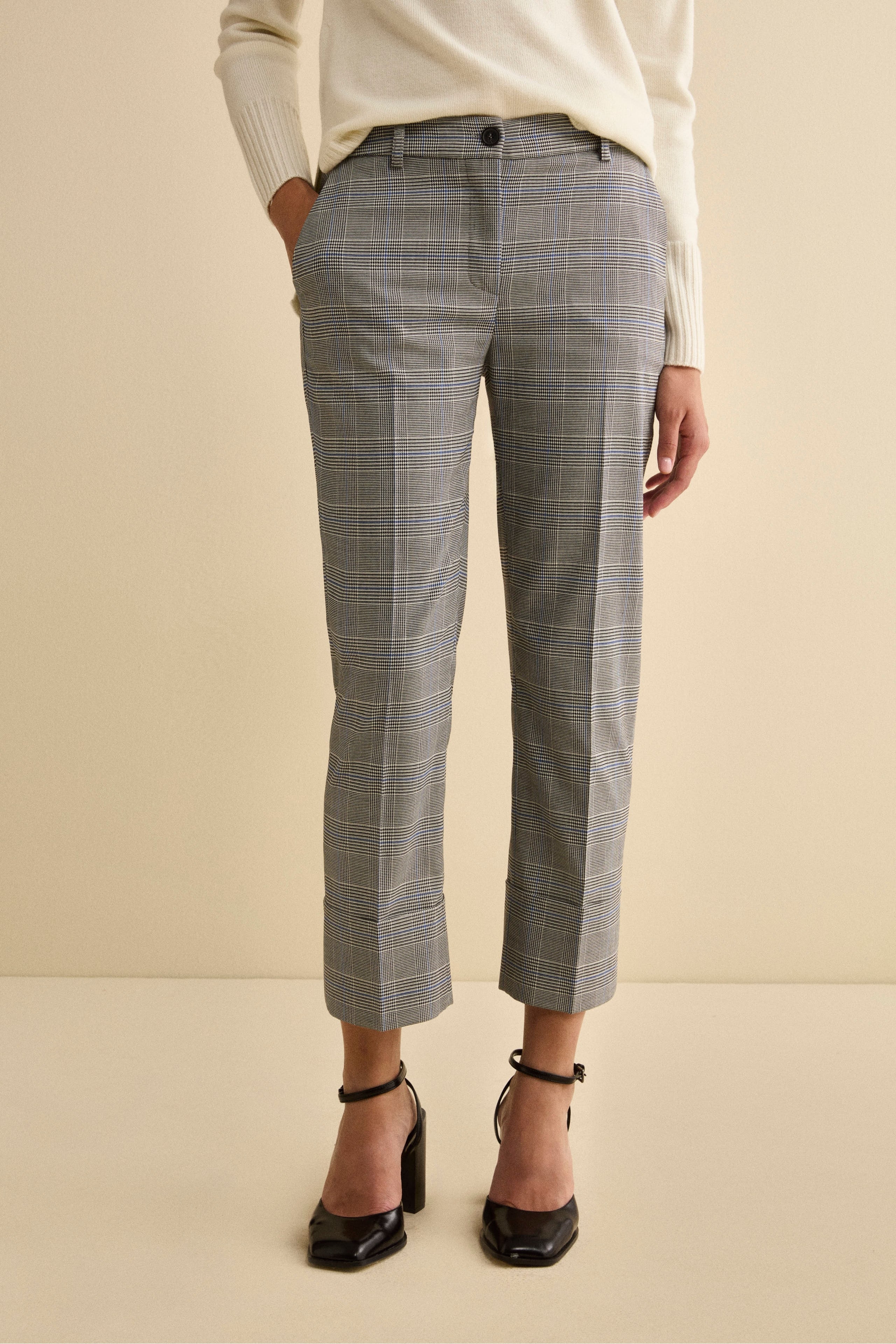 Checked Cigarette Trousers with Cuff - Grey Prince of Wales